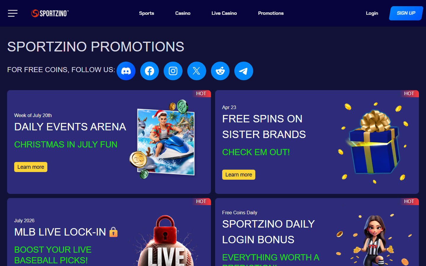 Sportzino promotions page showing casino and sportsbook coin offers including Daily Events Arena and Free Spins on Sister Brands