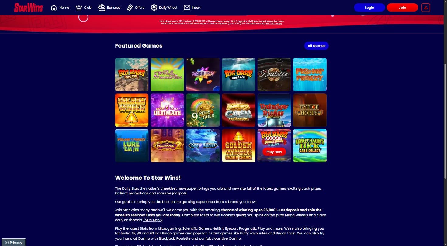 Star Wins featured games lobby