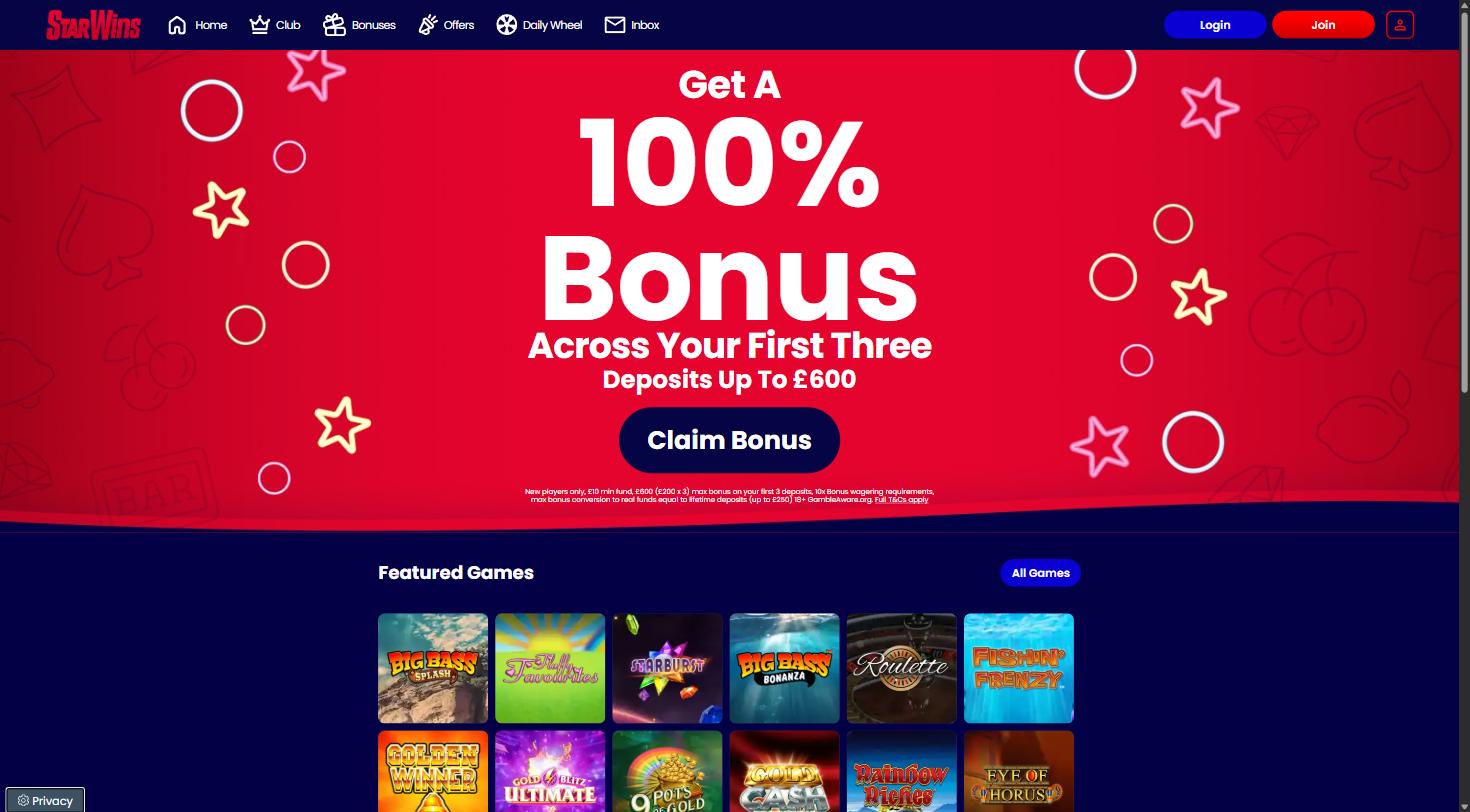 Star Wins casino homepage with the 100% bonus across first three deposits