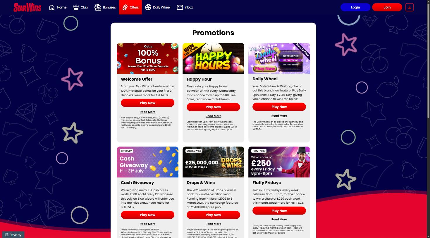 Star Wins promotions page