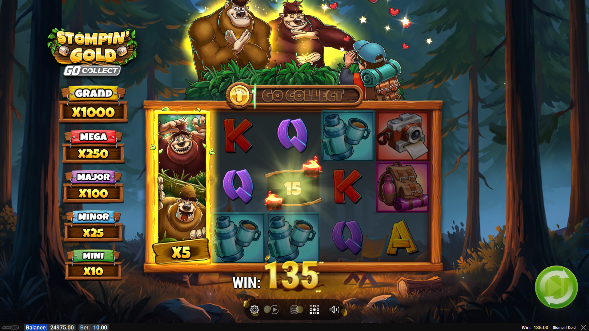 Stompin' Gold base game showing 5x3 grid with wildlife symbols