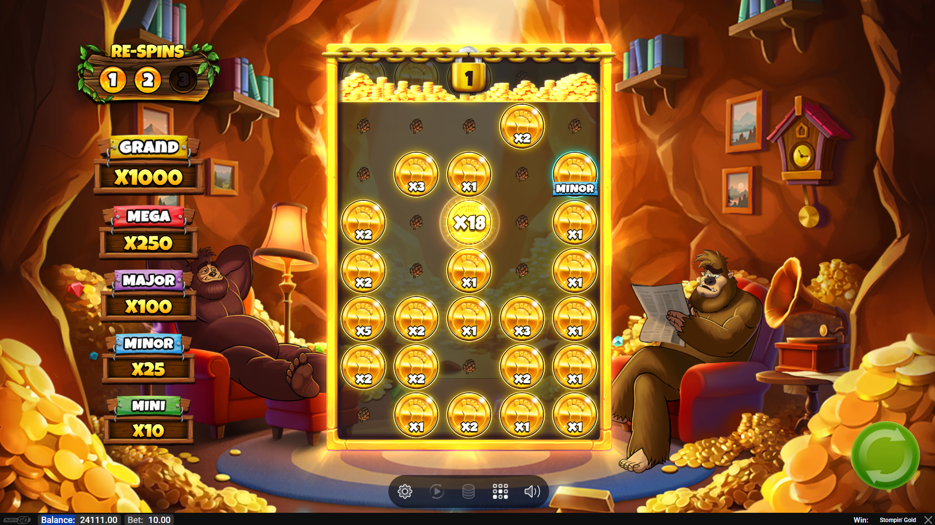Stompin' Gold Hold and Spin Bonus Feature showing nested 3x3 bonus round