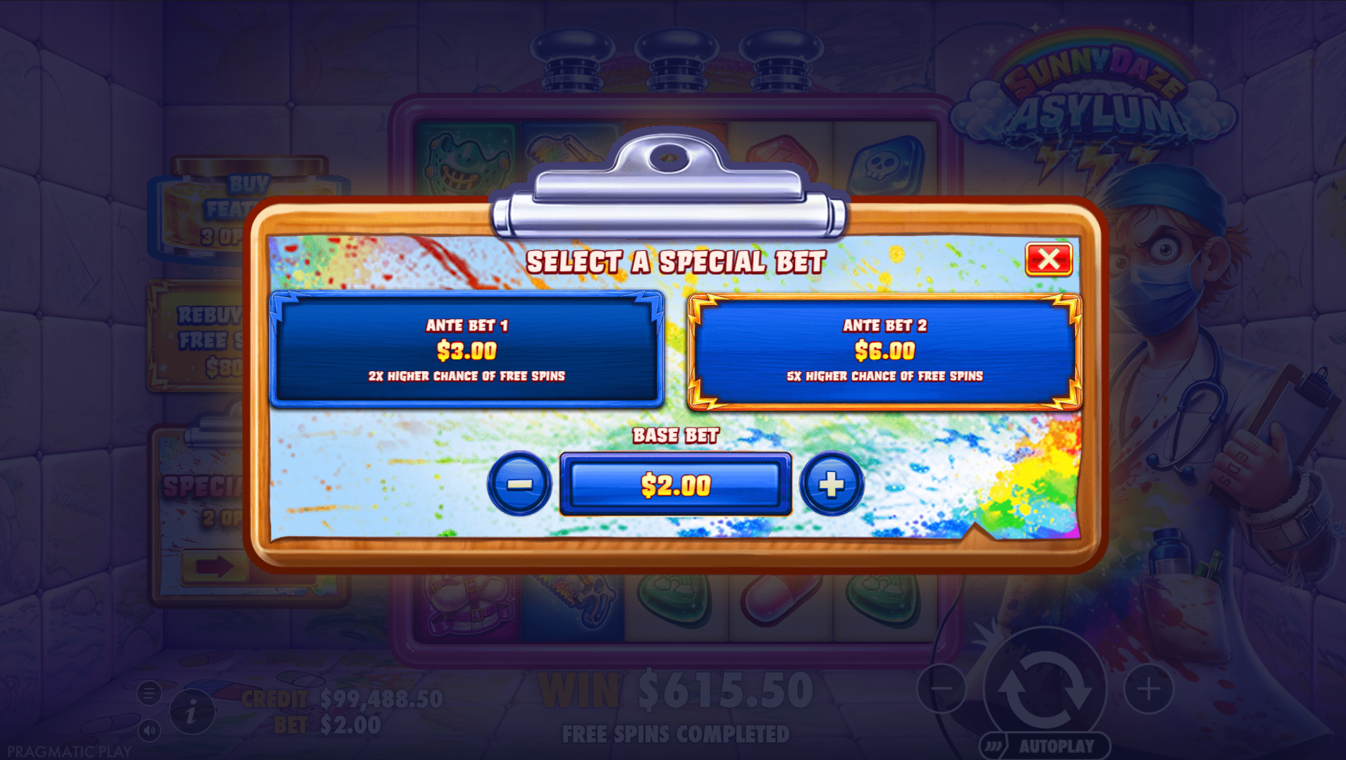 Sunnydaze Asylum special bet options including Ante Bet 1 and Ante Bet 2