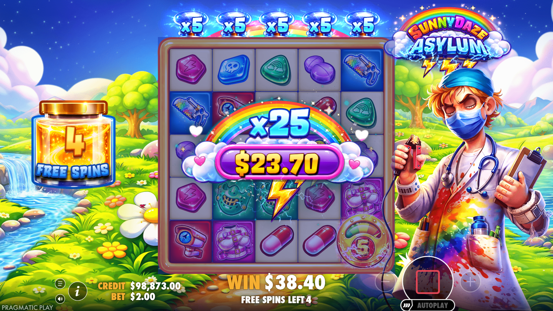 Sunnydaze Asylum Super Free Spins 2 bonus round with maximum scatter count