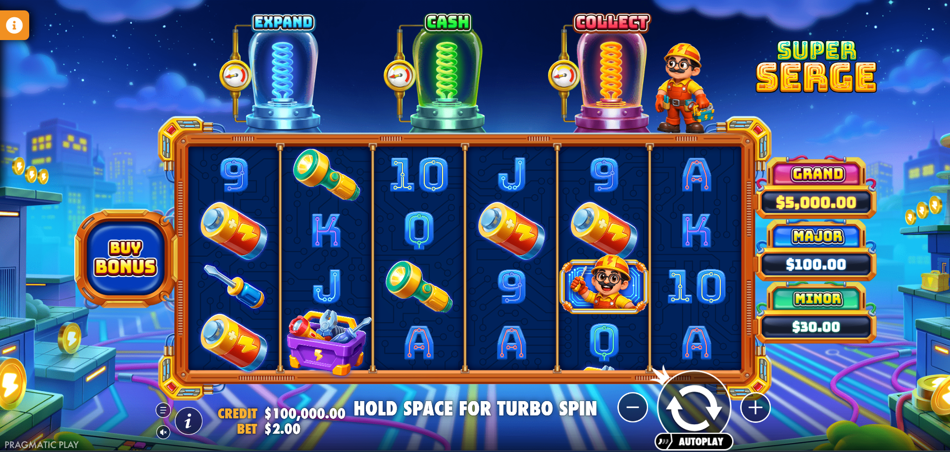 Super Serge base game showing 6x4 reel grid with EXPAND, CASH and COLLECT modifier meters