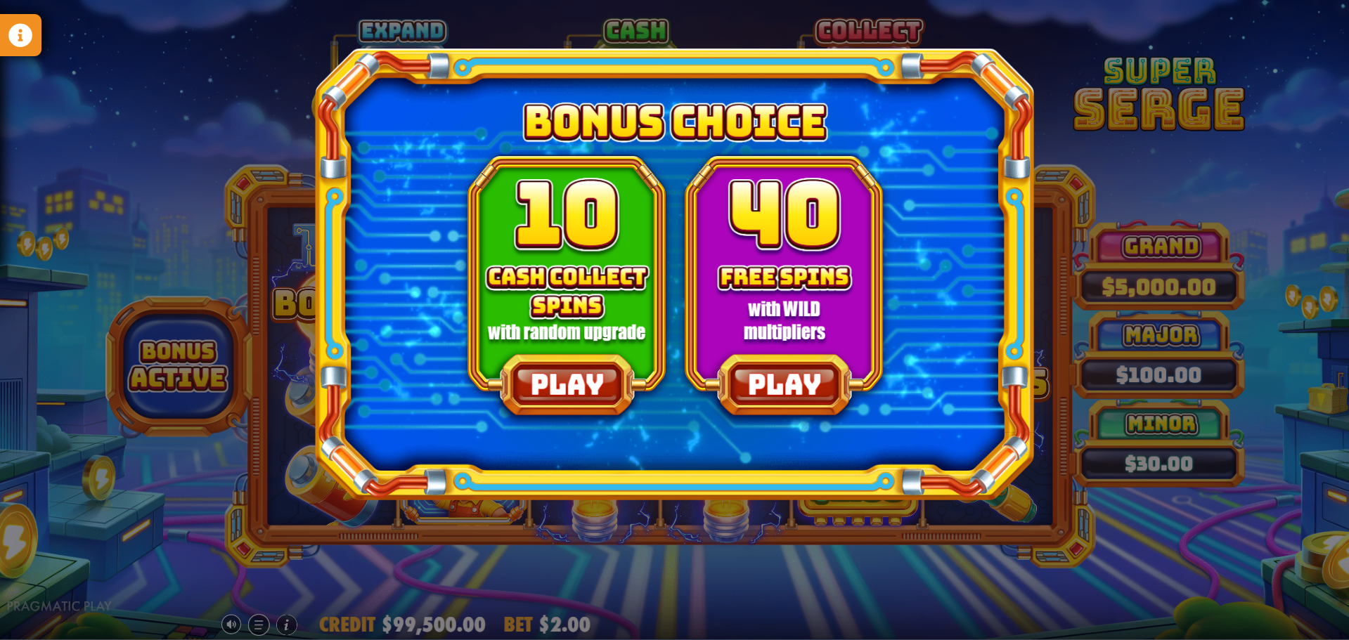 Super Serge bonus choice screen - Cash Collect Spins or Free Spins selection