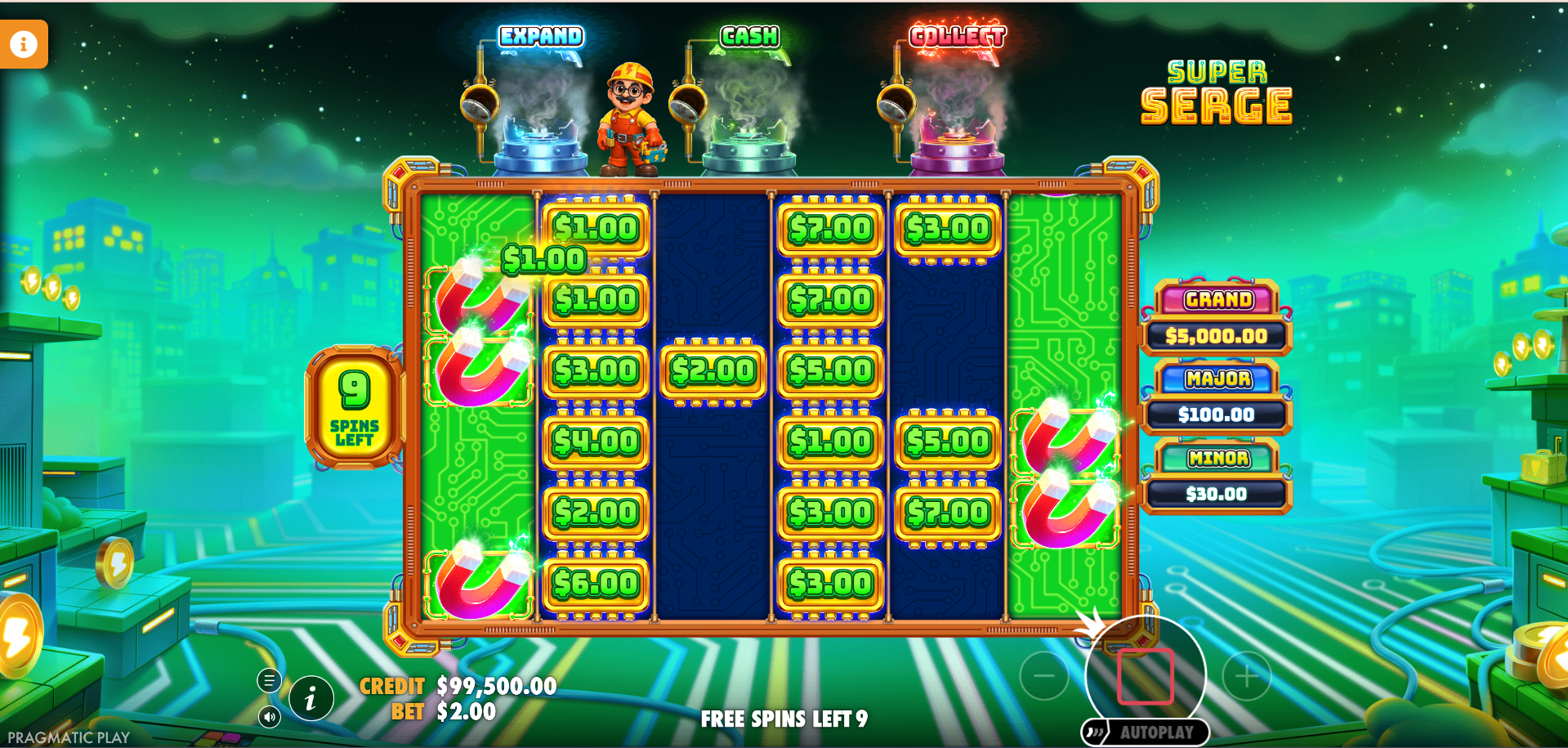 Super Serge Cash Collect Bonus feature with MONEY symbols and COLLECT symbols