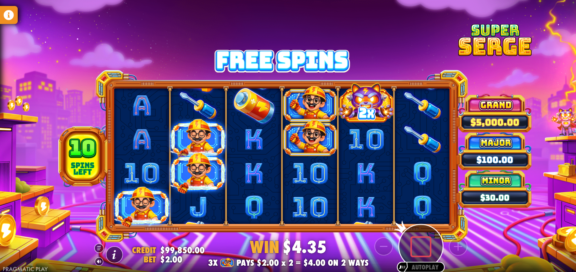 Super Serge Free Spins feature with Wild multiplier active