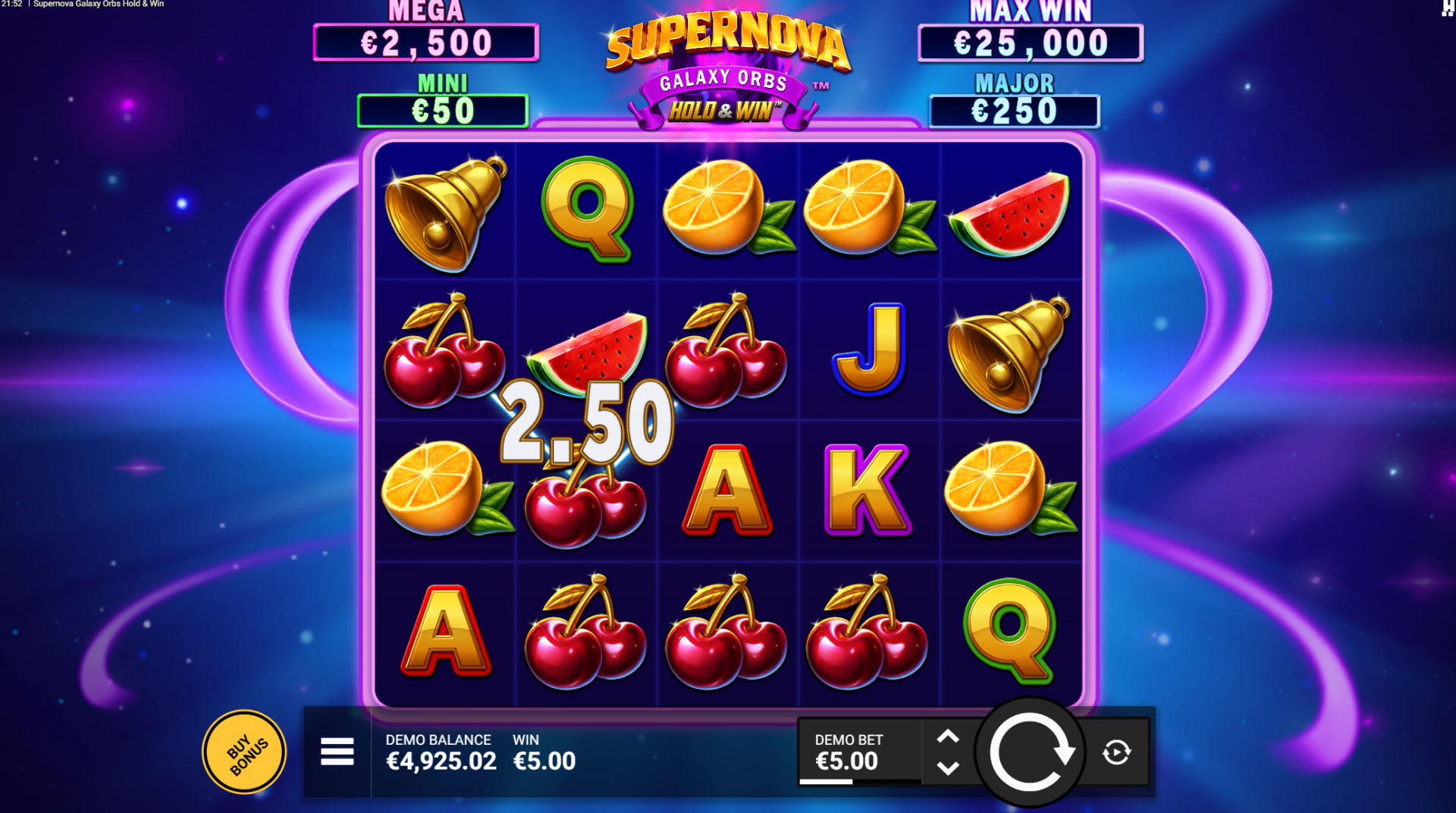 Supernova Galaxy Orbs Hold and Win base game screenshot