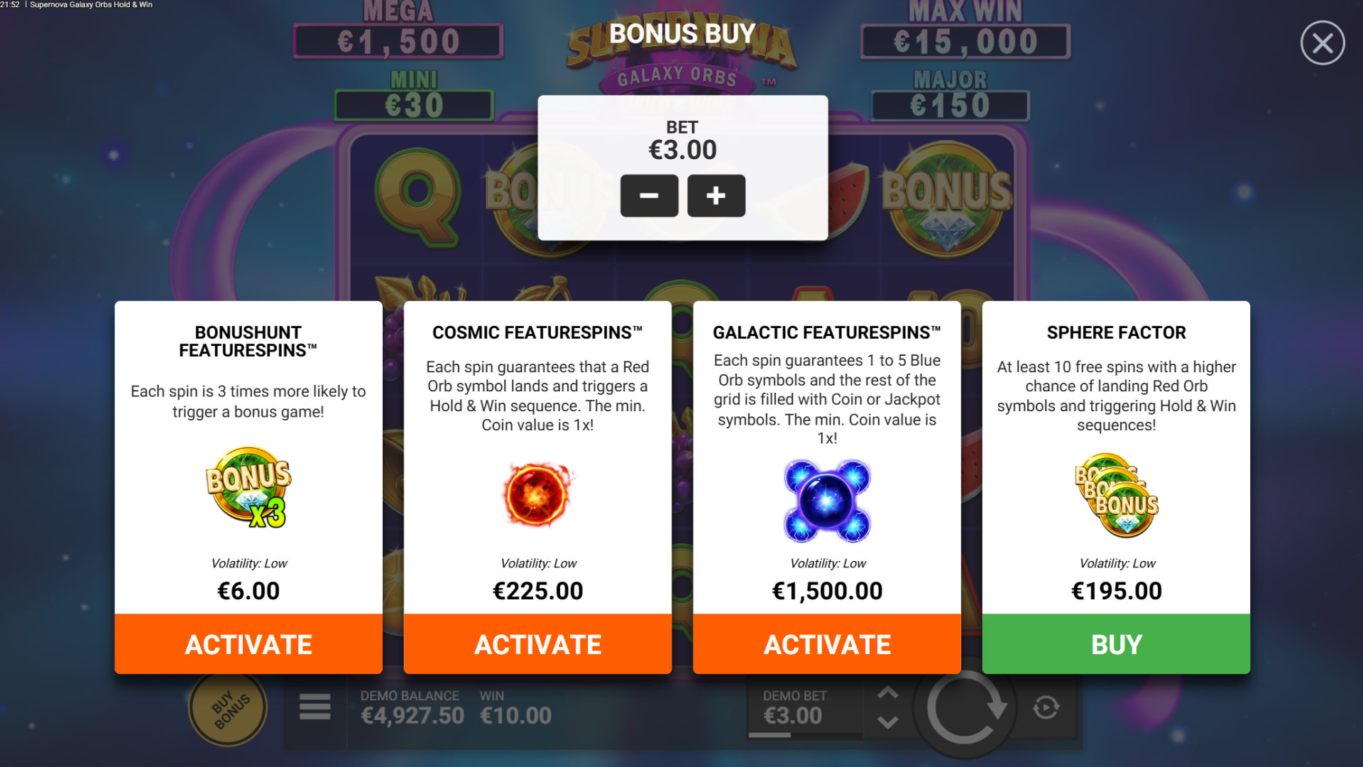 Supernova Galaxy Orbs Hold and Win FeatureSpins bonus buy screen