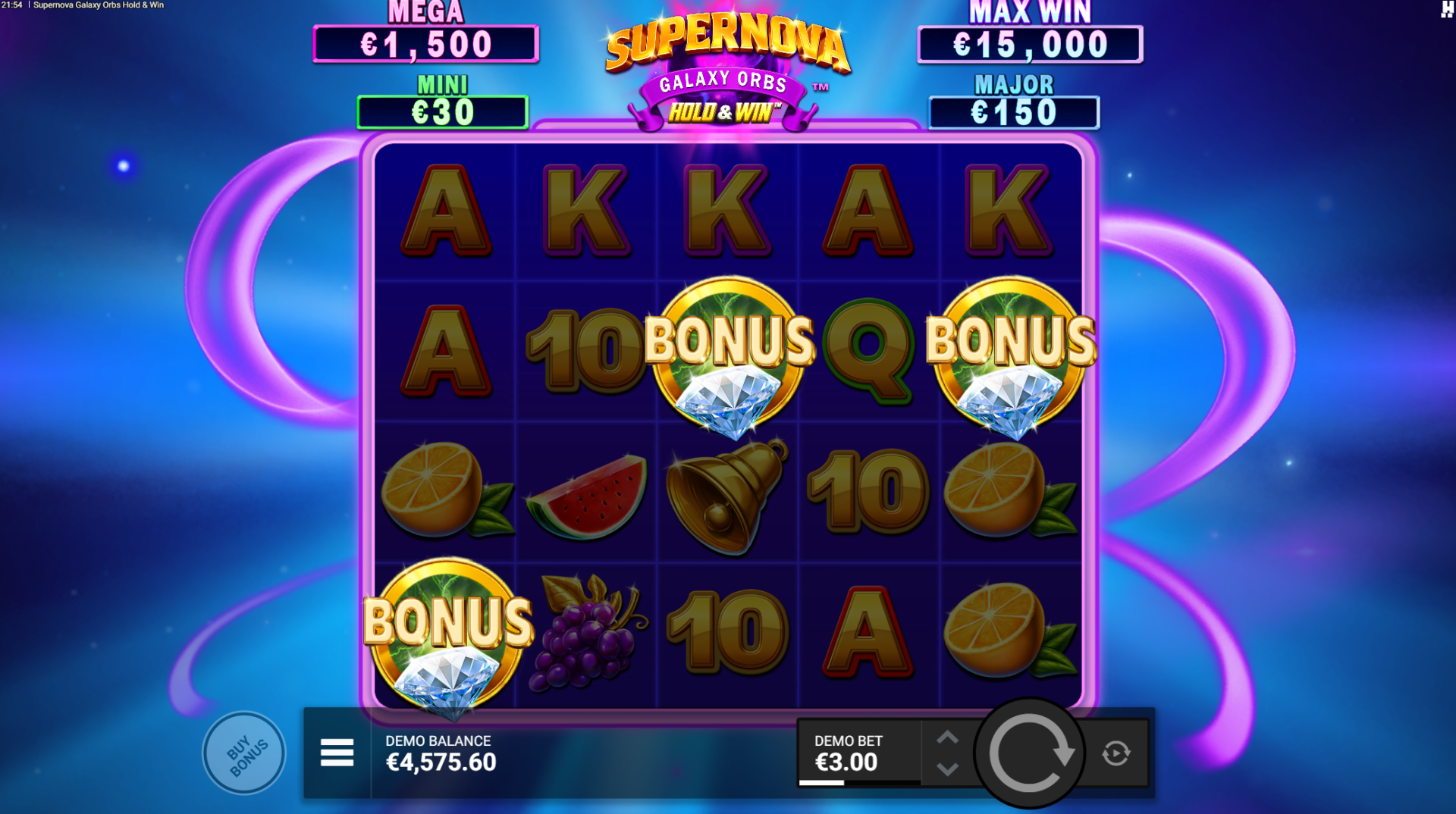 Supernova Galaxy Orbs Hold and Win bonus symbols including Orbs and Coins