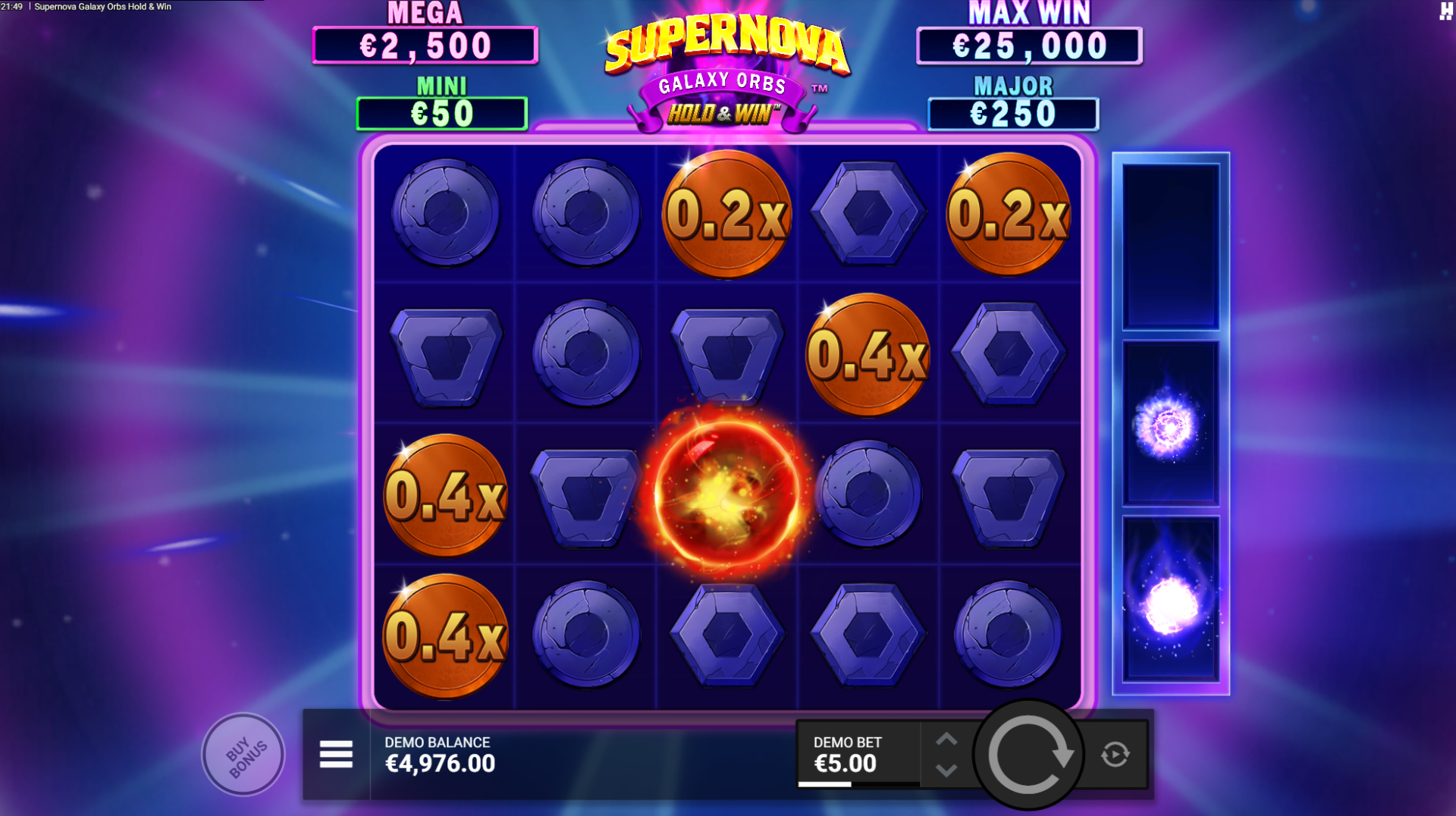 Supernova Galaxy Orbs Hold and Win sequence with Red Orbs collecting Coin prizes