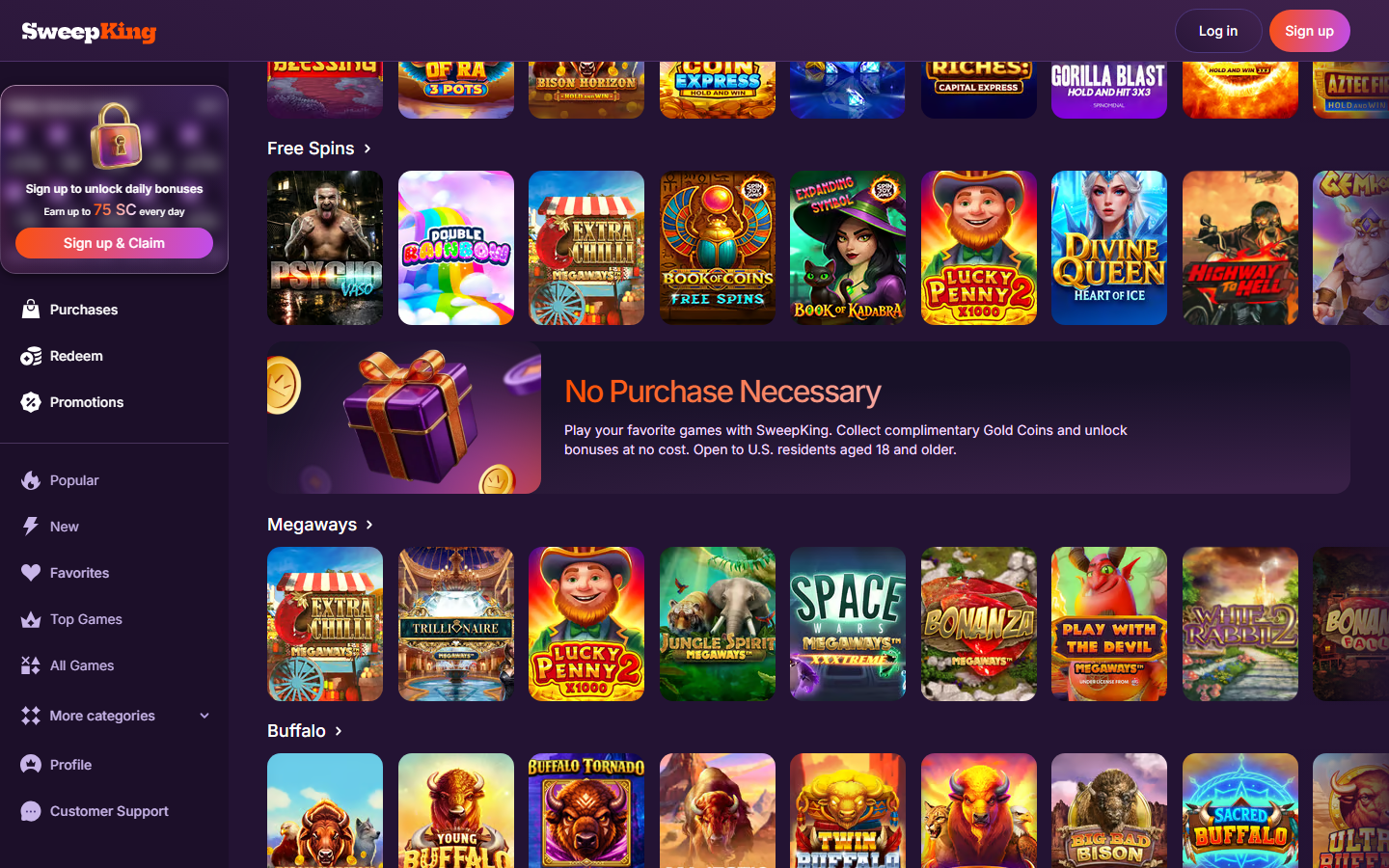 SweepKing games lobby showing Free Spins, Megaways and Buffalo slot categories with a No Purchase Necessary sweepstakes banner