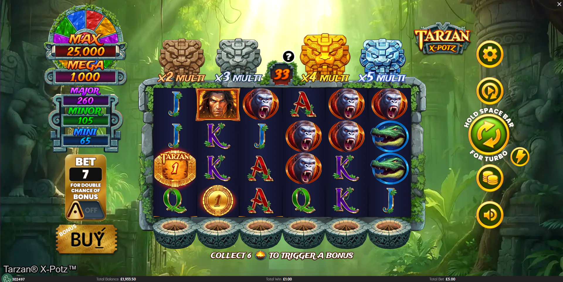 Tarzan X-Potz base game showing 6x4 grid with collector totems and jackpot display
