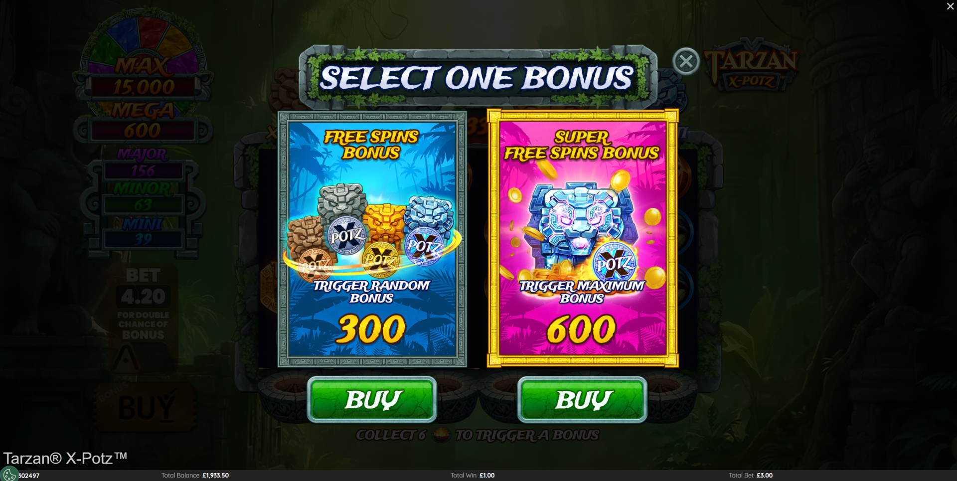 Tarzan X-Potz bonus buy options showing Free Spins Bonus at 300x and Super Free Spins Bonus at 600x