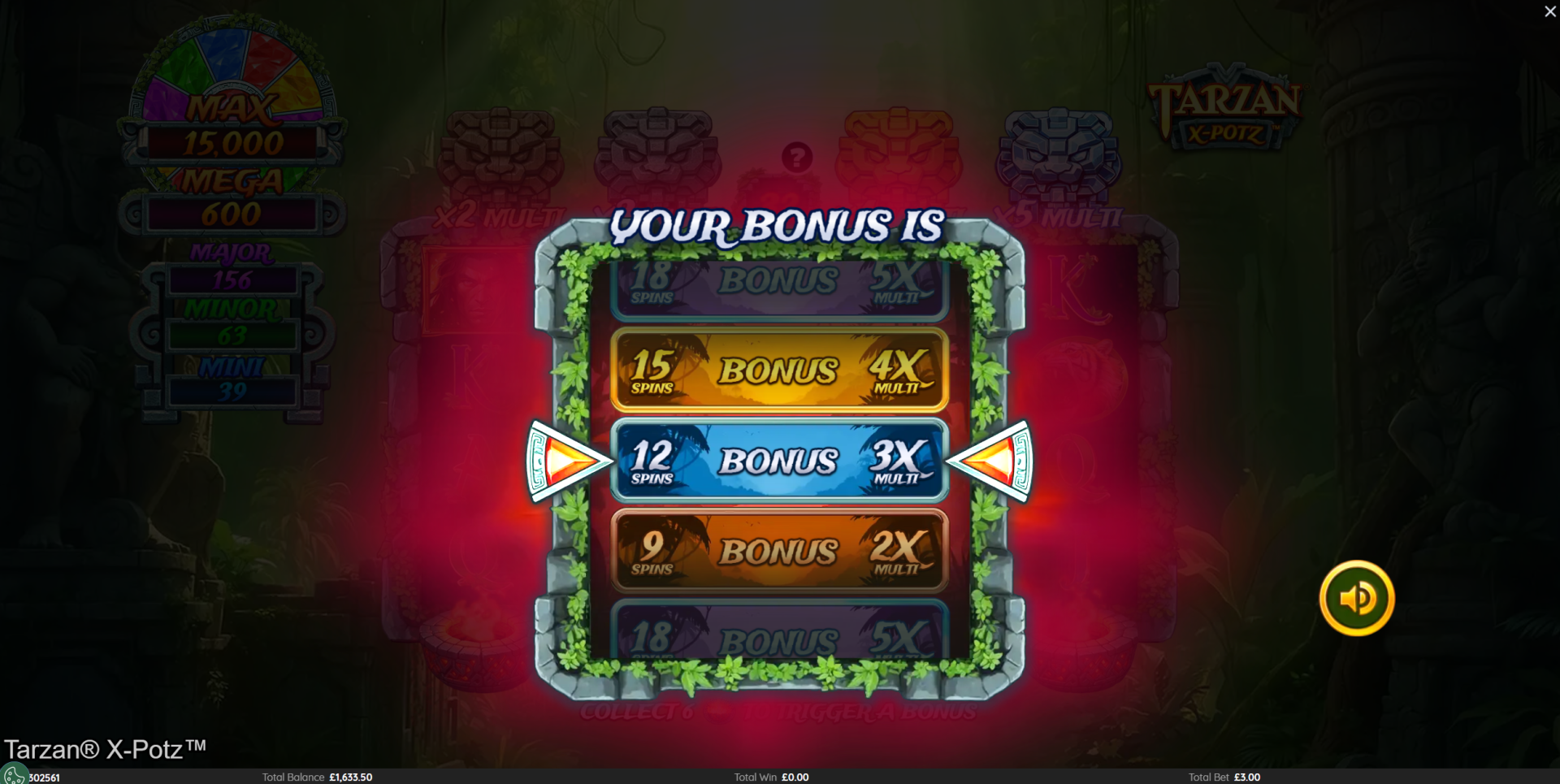 Tarzan X-Potz bonus decider showing spin count and multiplier options