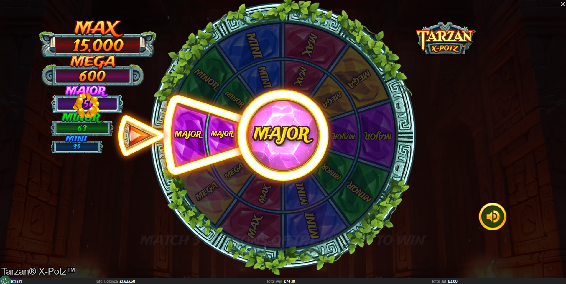Tarzan X-Potz jackpot wheel during bonus showing MAJOR jackpot win