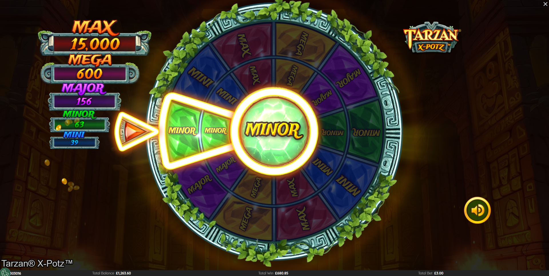 Tarzan X-Potz super free spins jackpot wheel showing MINOR jackpot win