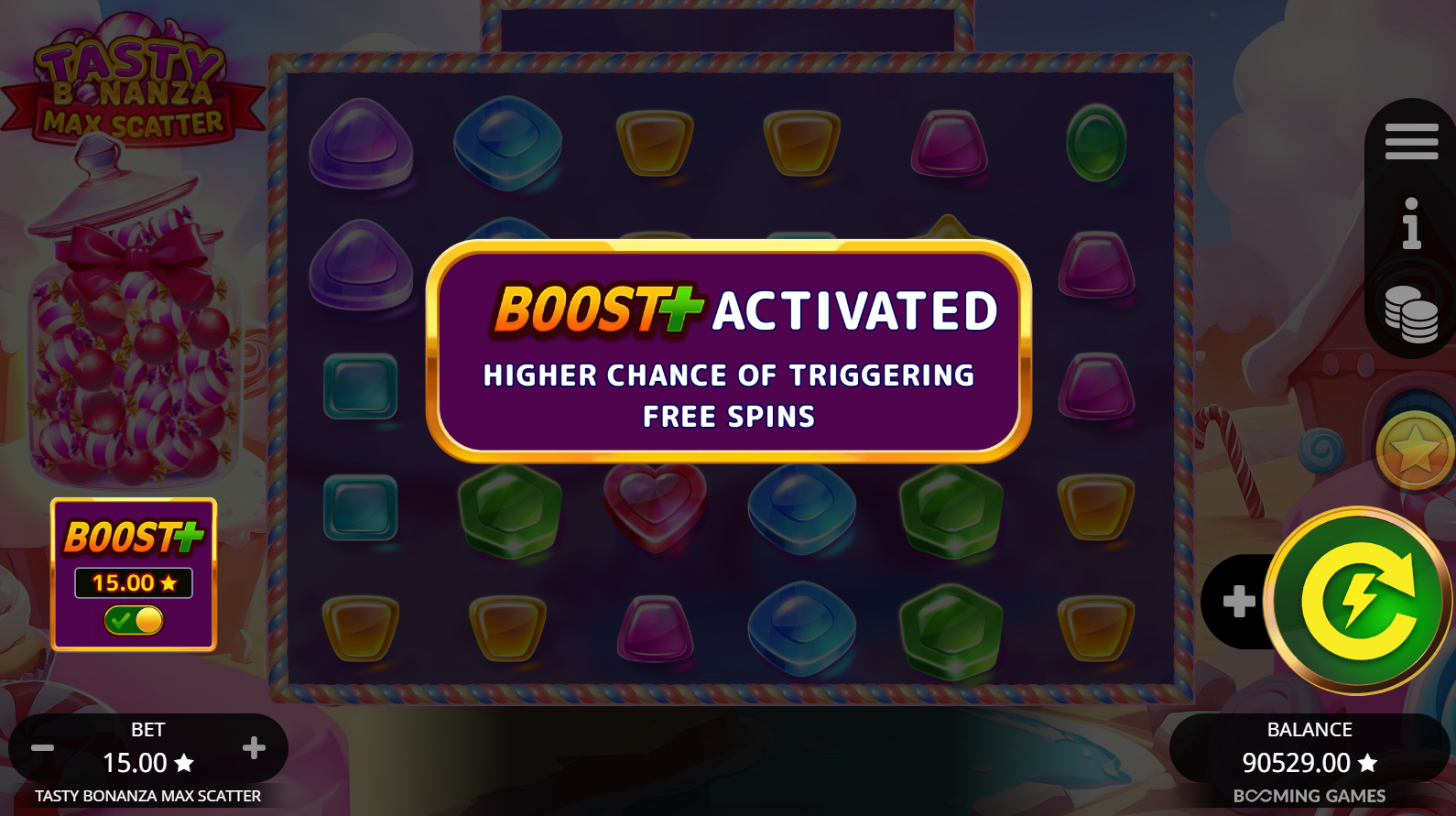 Tasty Bonanza Max Scatter Boost+ feature activated