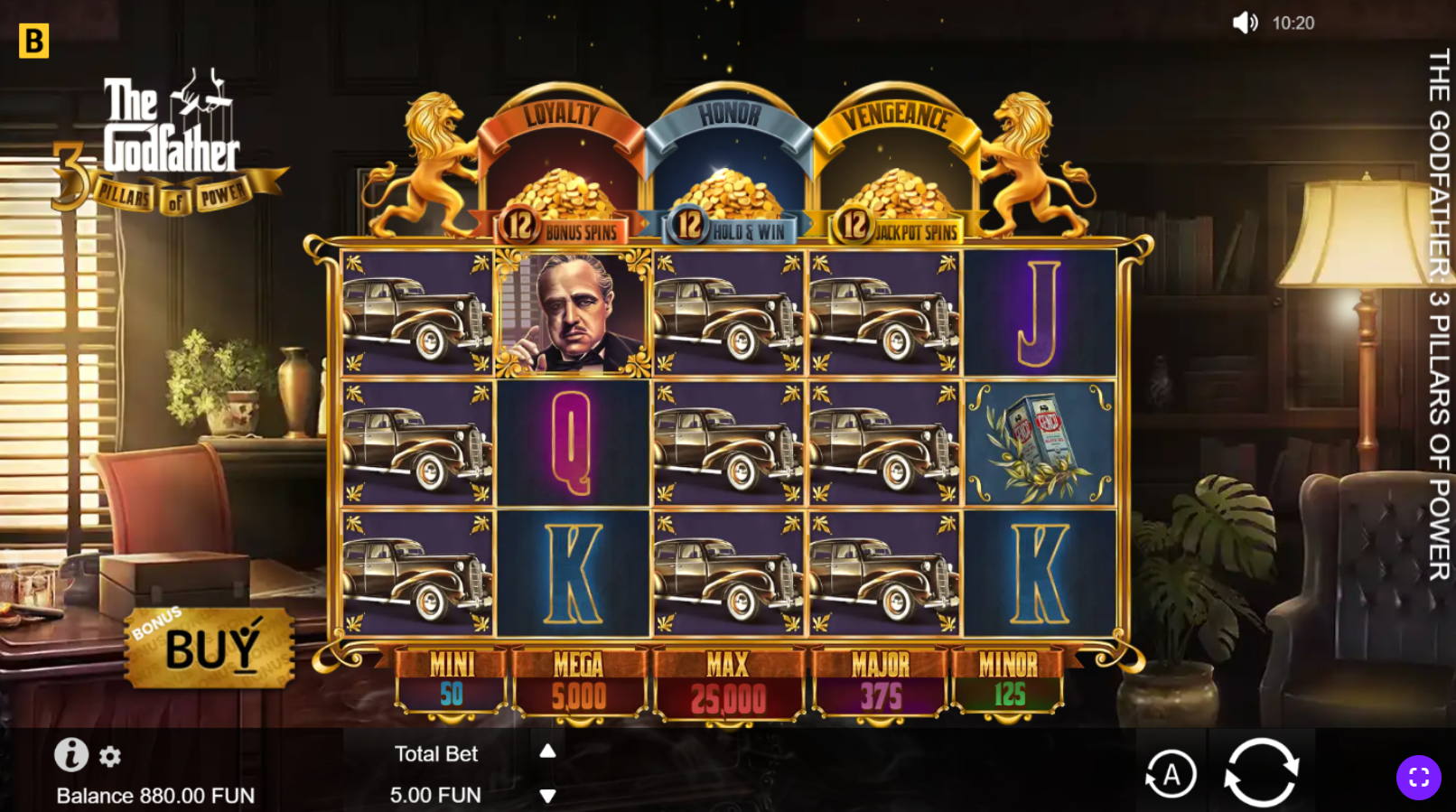 The Godfather 3 Pillars of Power base game showing 5x3 grid with Mystery symbols