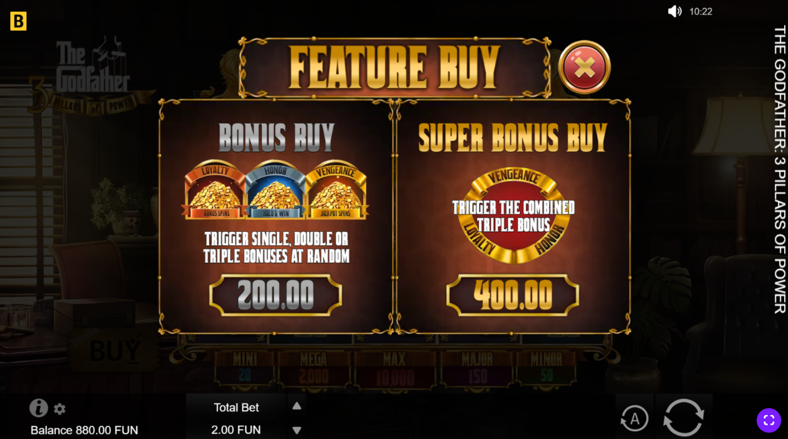 The Godfather 3 Pillars of Power Bonus Buy option screen