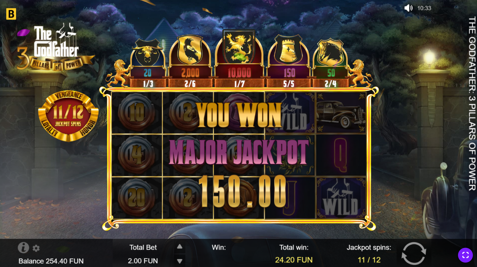 The Godfather 3 Pillars of Power Major Jackpot win during Super Bonus