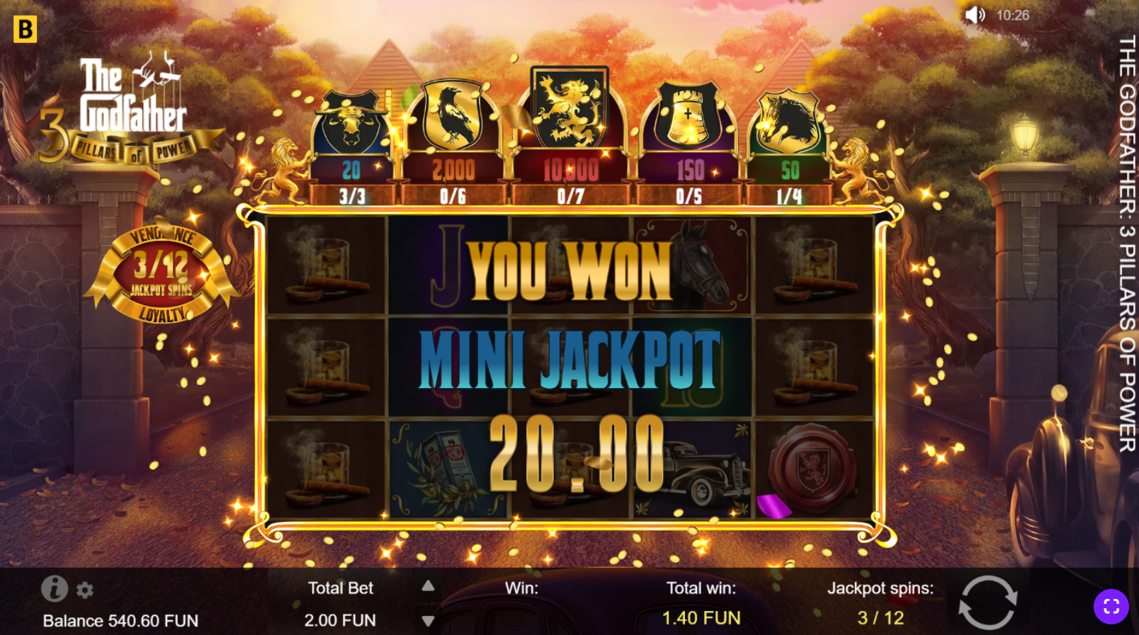 The Godfather 3 Pillars of Power Mini Jackpot win during Bonus