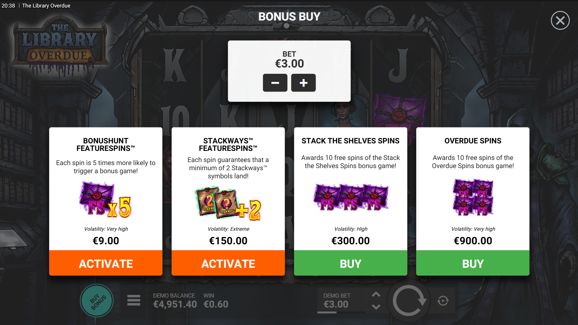 The Library Overdue bonus buy options menu showing available purchase choices