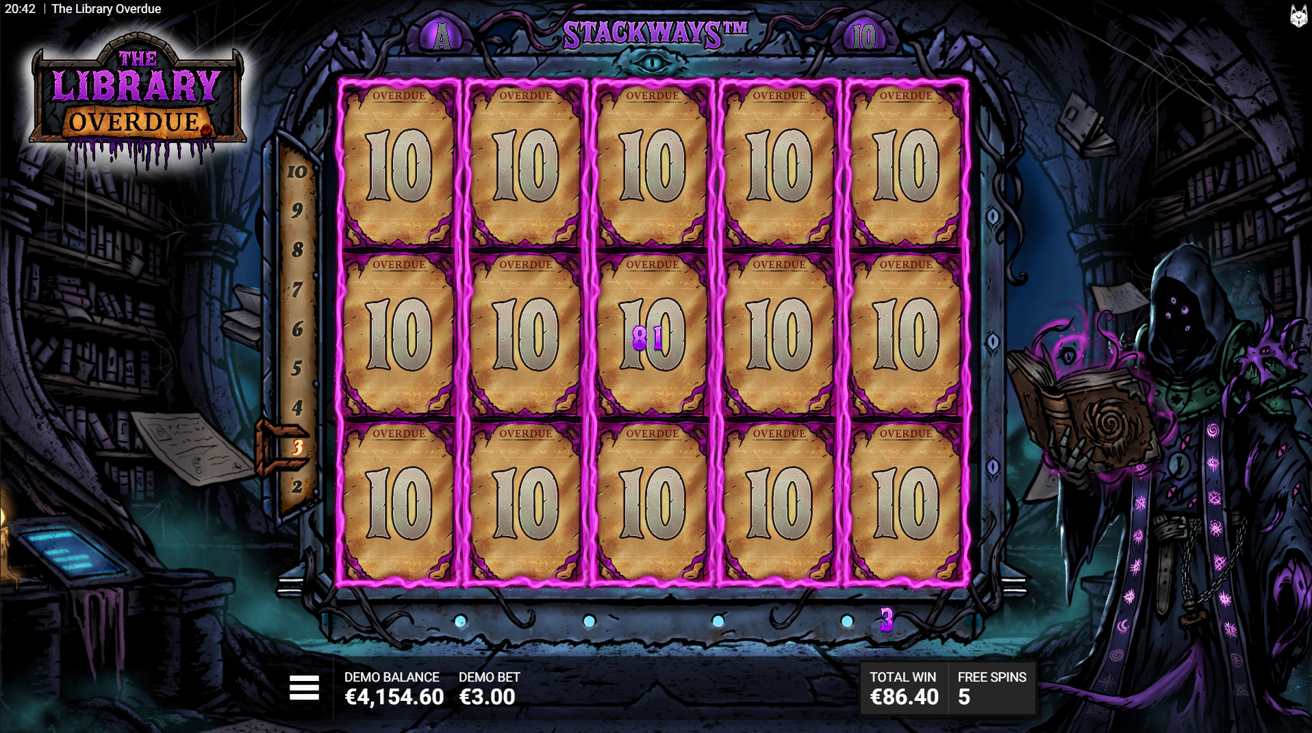 The Library Overdue - Overdue Spins bonus feature triggered by 4 scatters