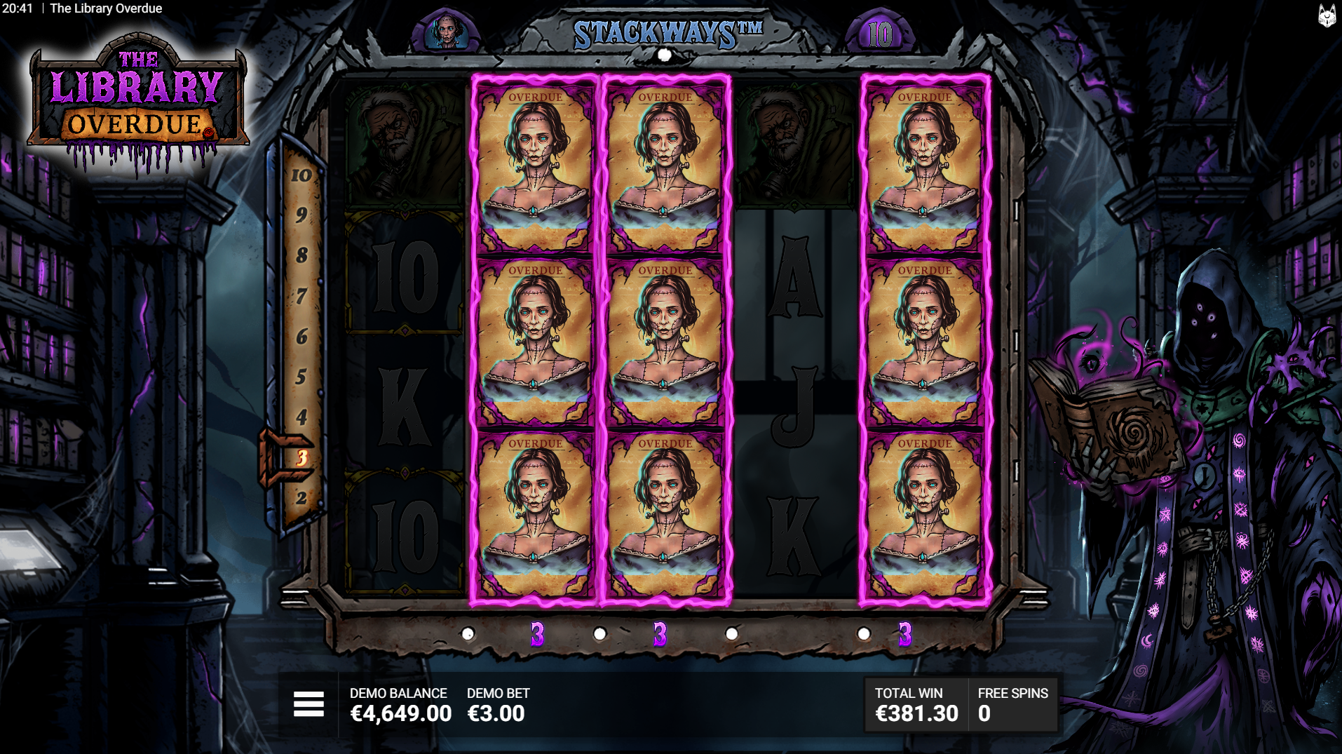 The Library Overdue - Stack the Shelves Spins bonus feature triggered by 3 scatters