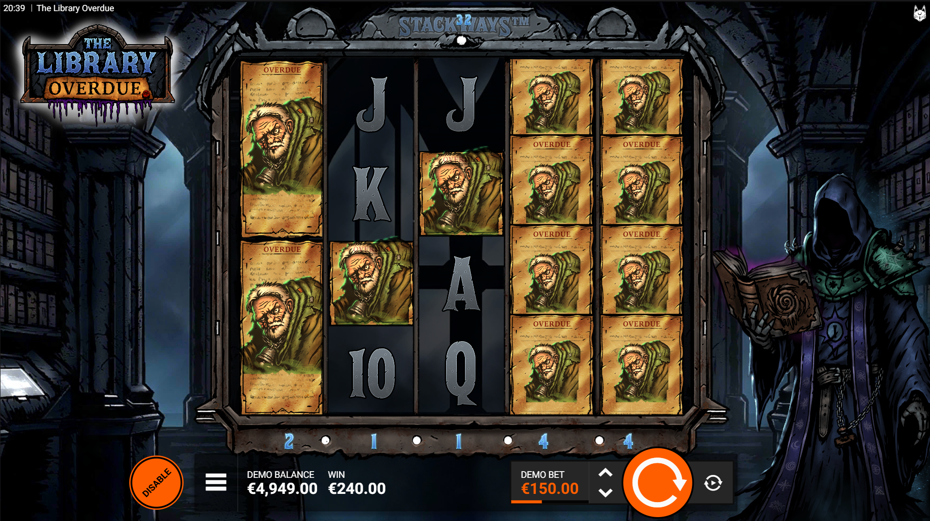 The Library Overdue - Stackways feature spins showing stacked reels