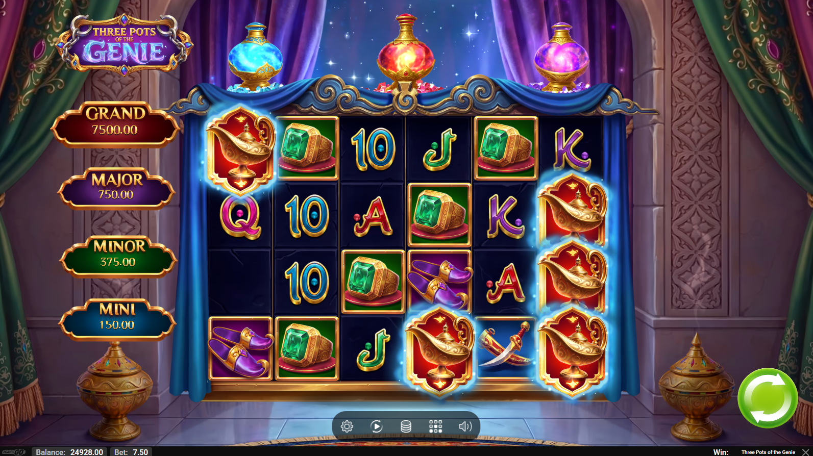 Three Pots of The Genie base game view showing 6-reel grid with genie-themed symbols