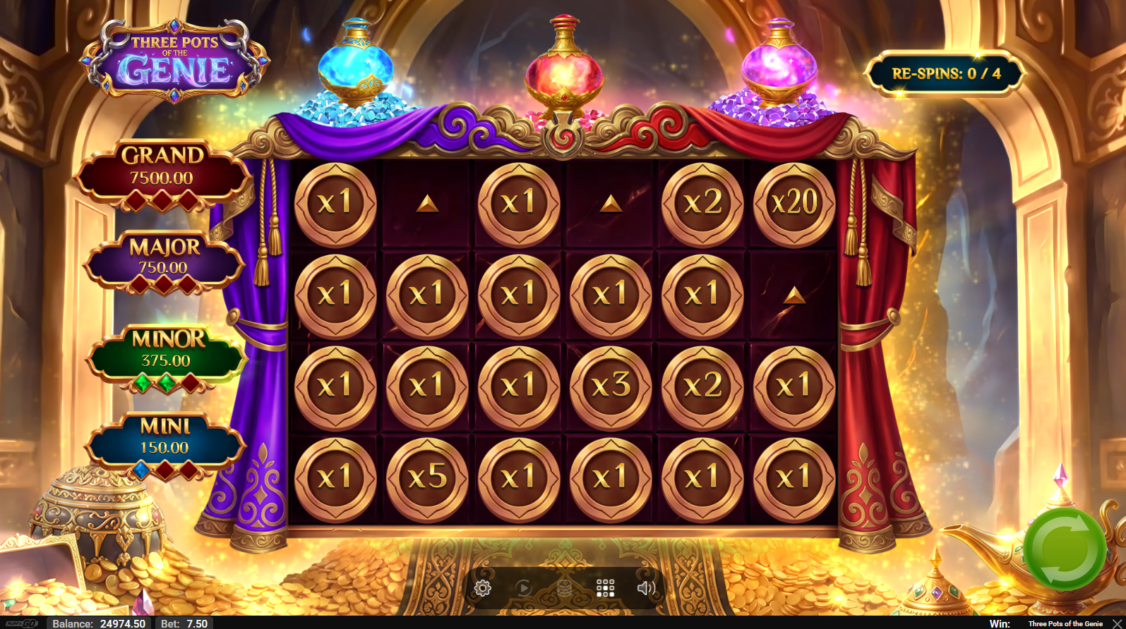 Three Pots of The Genie Lock'n Gold gameplay with Blue and Purple Pot Bonuses in action