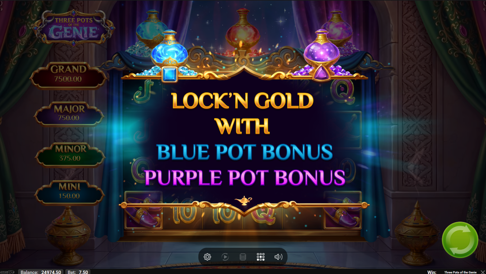 Three Pots of The Genie Lock'n Gold feature with Blue and Purple Pot Bonuses active