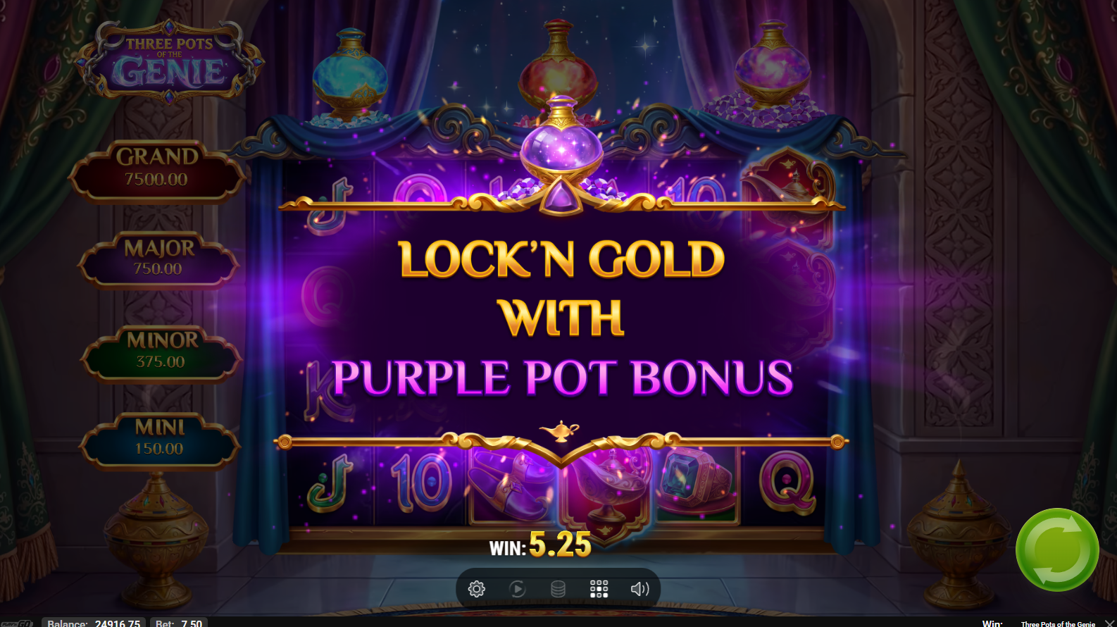 Three Pots of The Genie Lock'n Gold feature with Purple Pot Bonus active