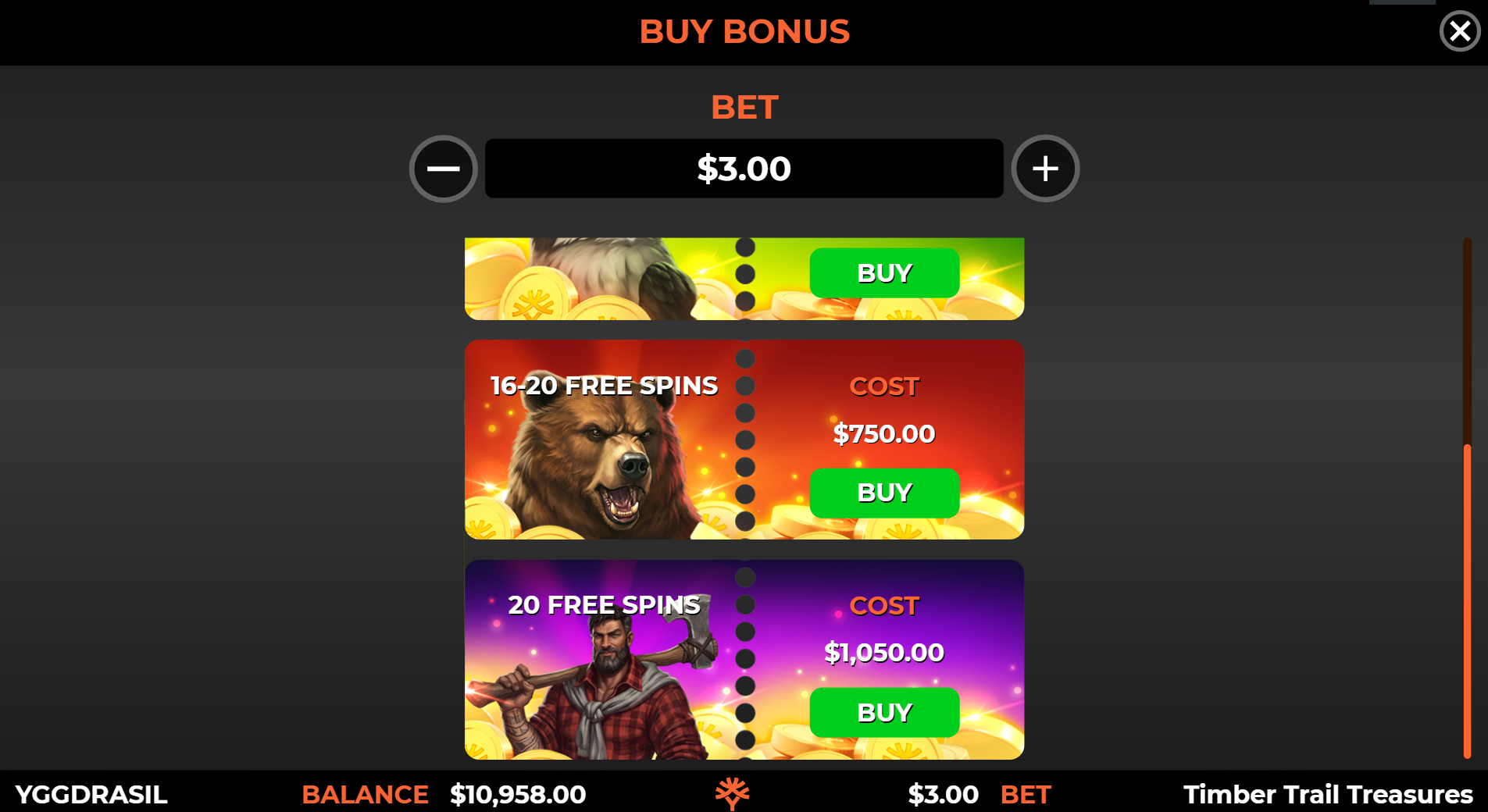 Timber Trail Treasures slot bonus buy options 16-20 and 20 free spins screenshot