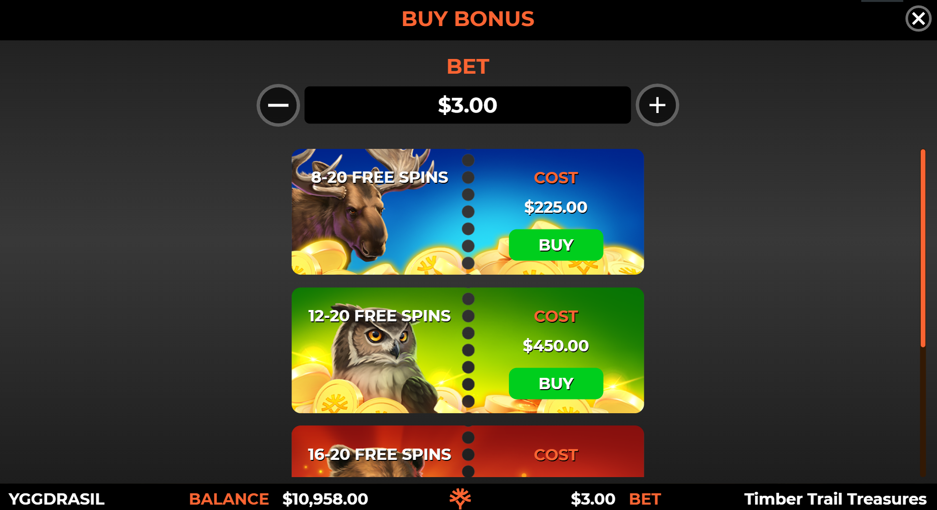 Timber Trail Treasures slot bonus buy options 8-20 and 12-20 free spins screenshot