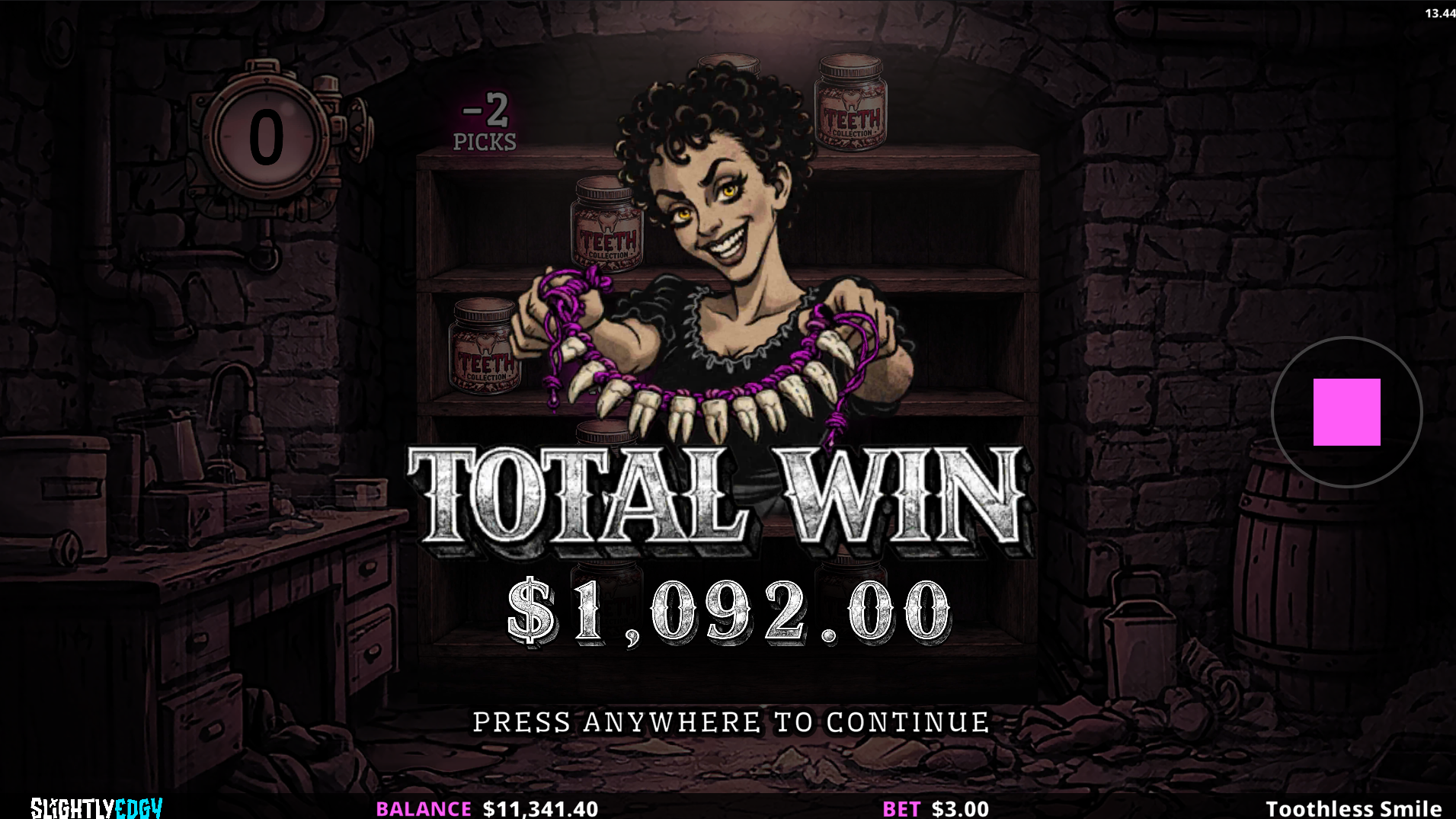 Toothless Smile 15 Picks bonus big win result screen