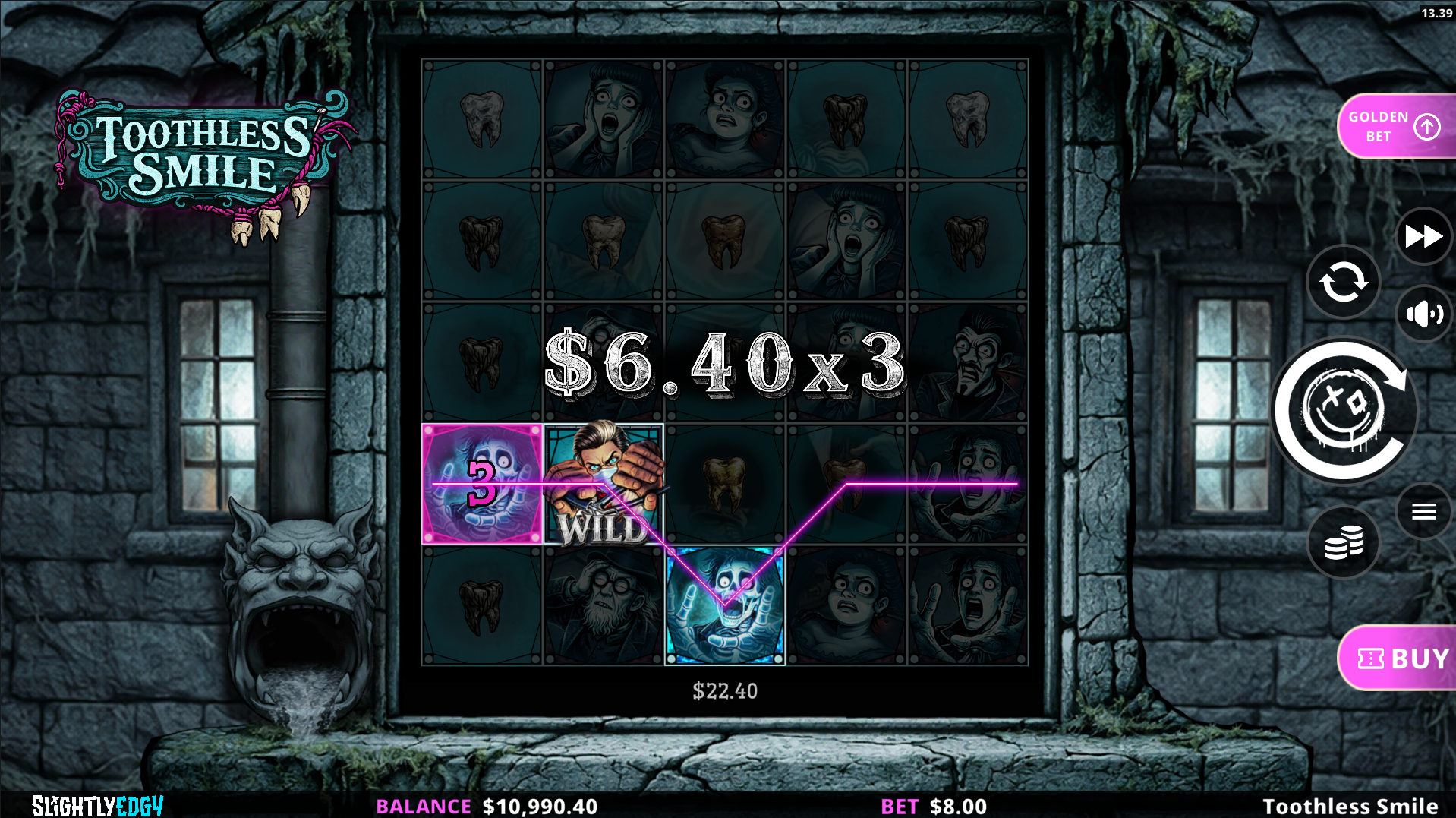 Toothless Smile base game showing the 5x3 grid with 40 fixed paylines