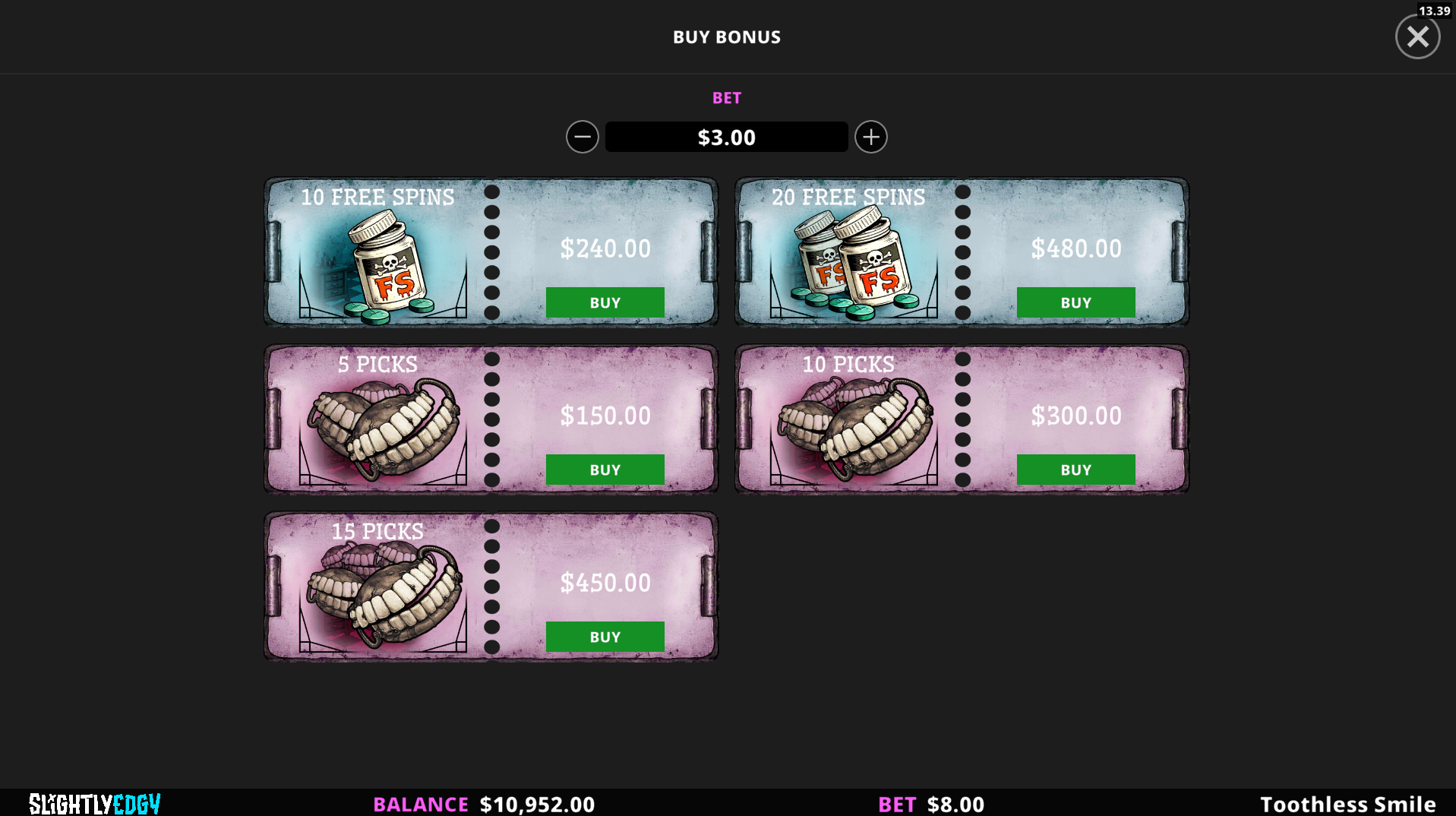 Toothless Smile bonus buy options screen