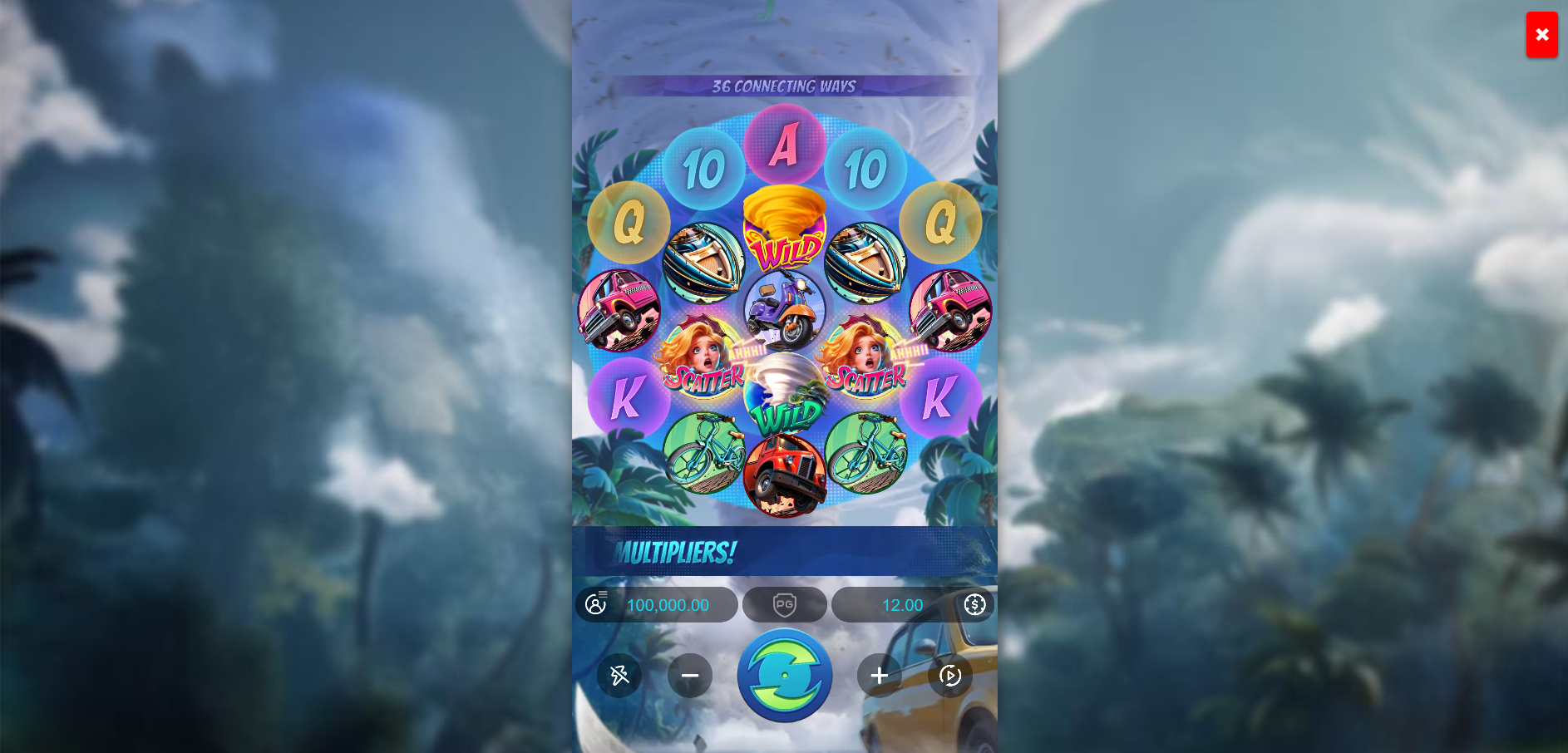 Tornado Rampage base game play showing the circular reel grid and symbol layout