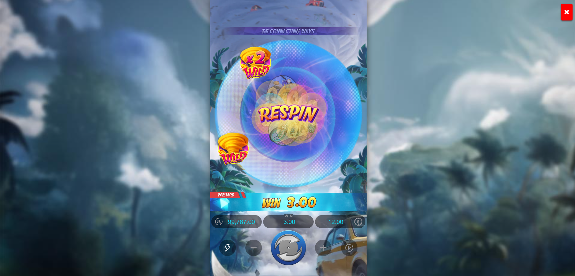 Tornado Rampage Golden Wild Respin feature showing multiplier wilds triggering a respin