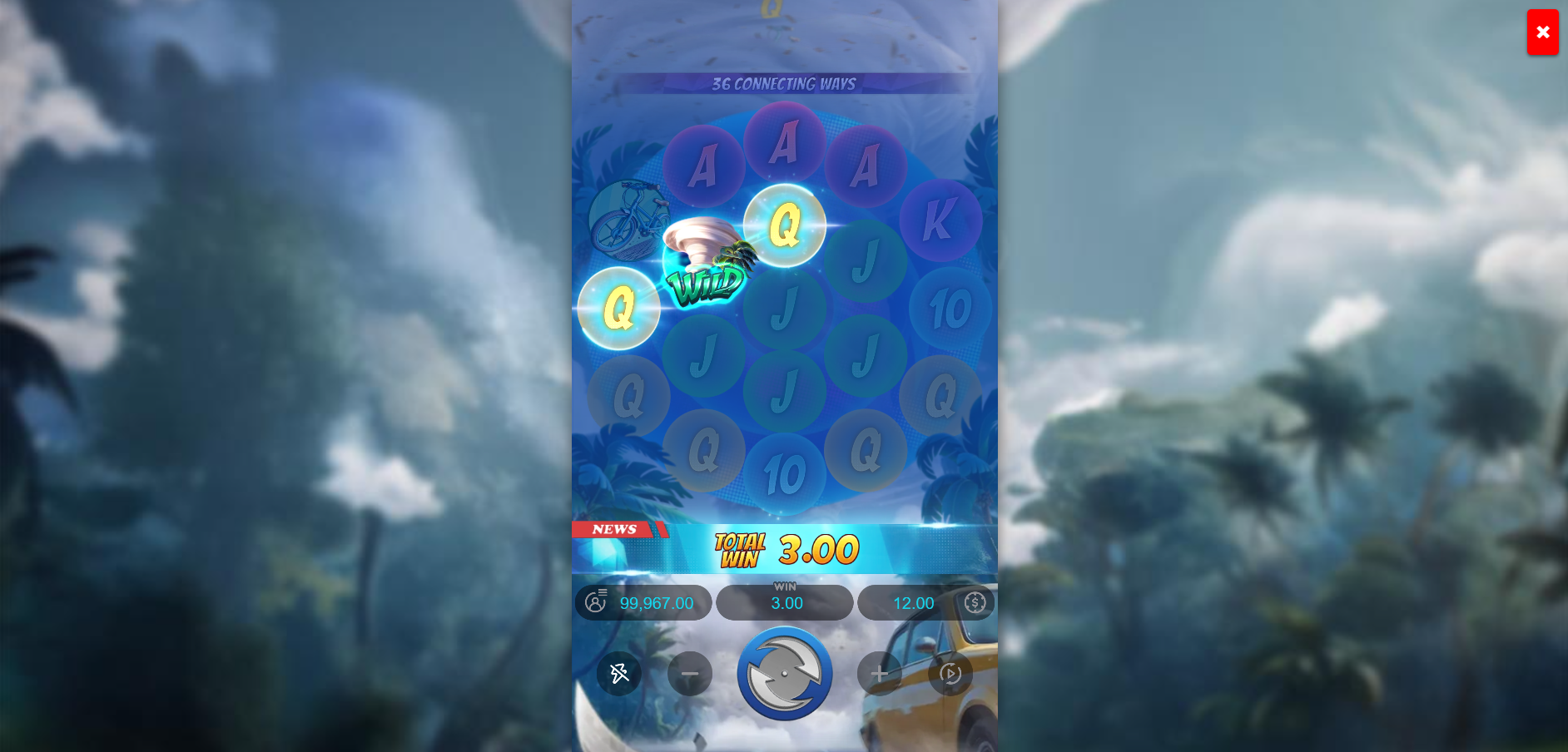 Tornado Rampage base game showing 36 connecting ways to win on the circular reel layout