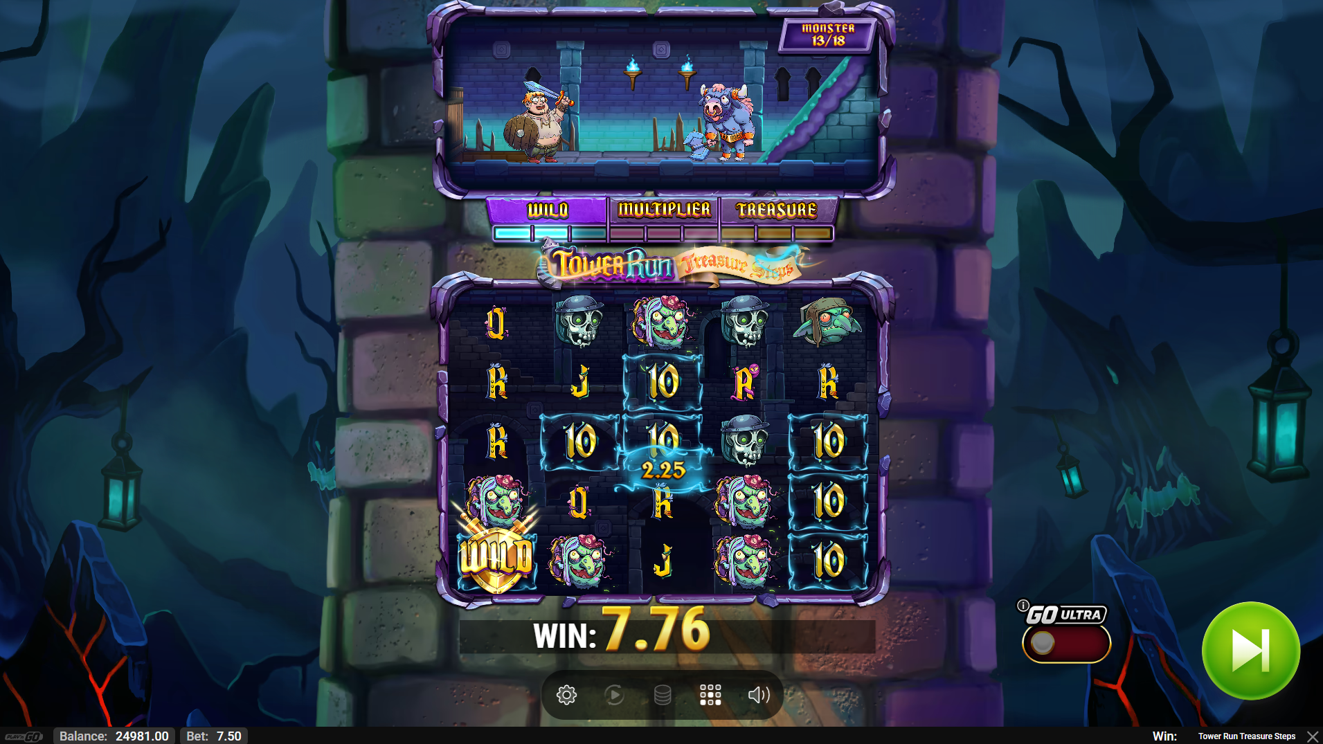 Tower Run Treasure Steps base game showing the 5x5 cascading grid
