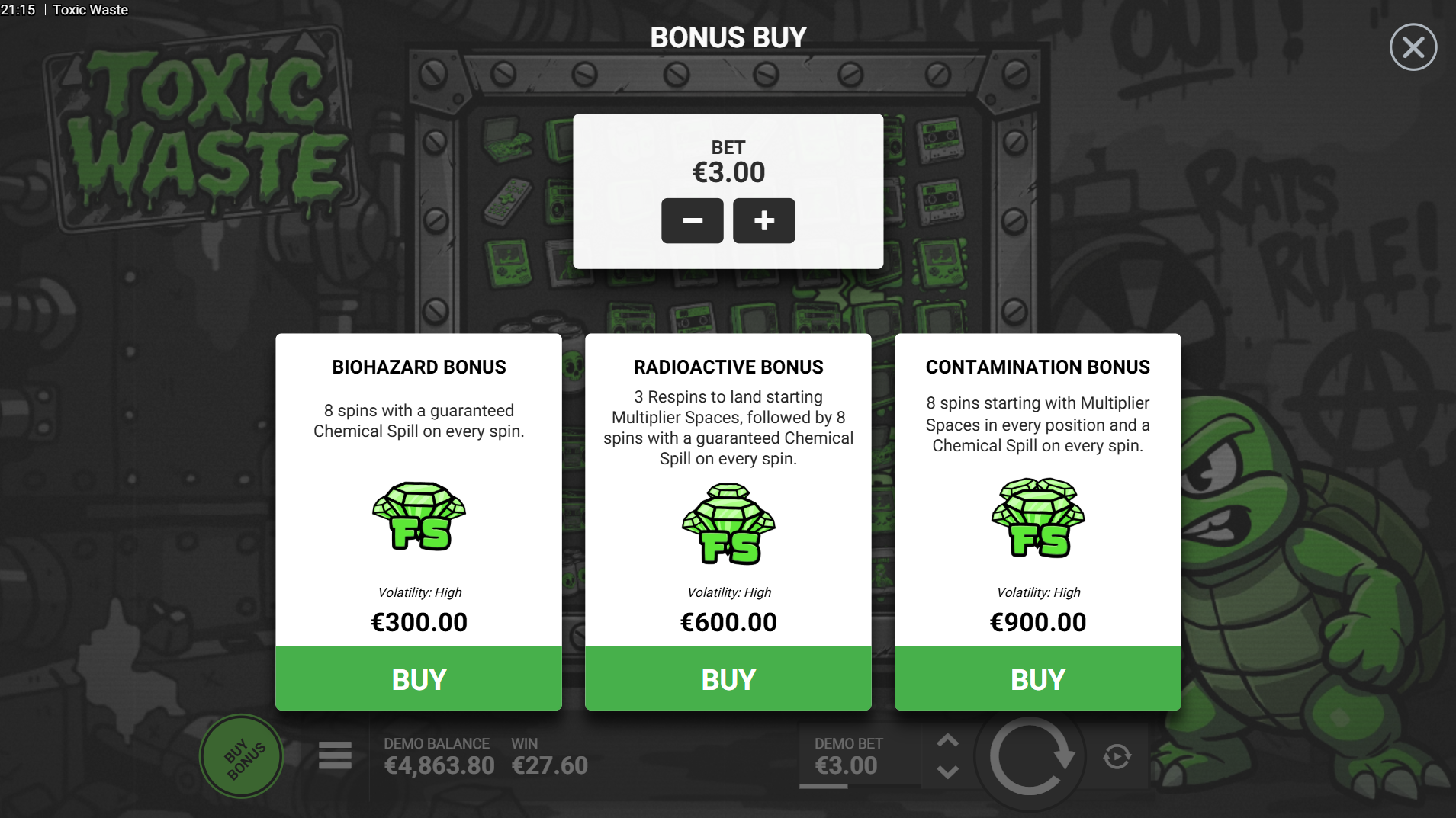 Toxic Waste bonus buy options screen