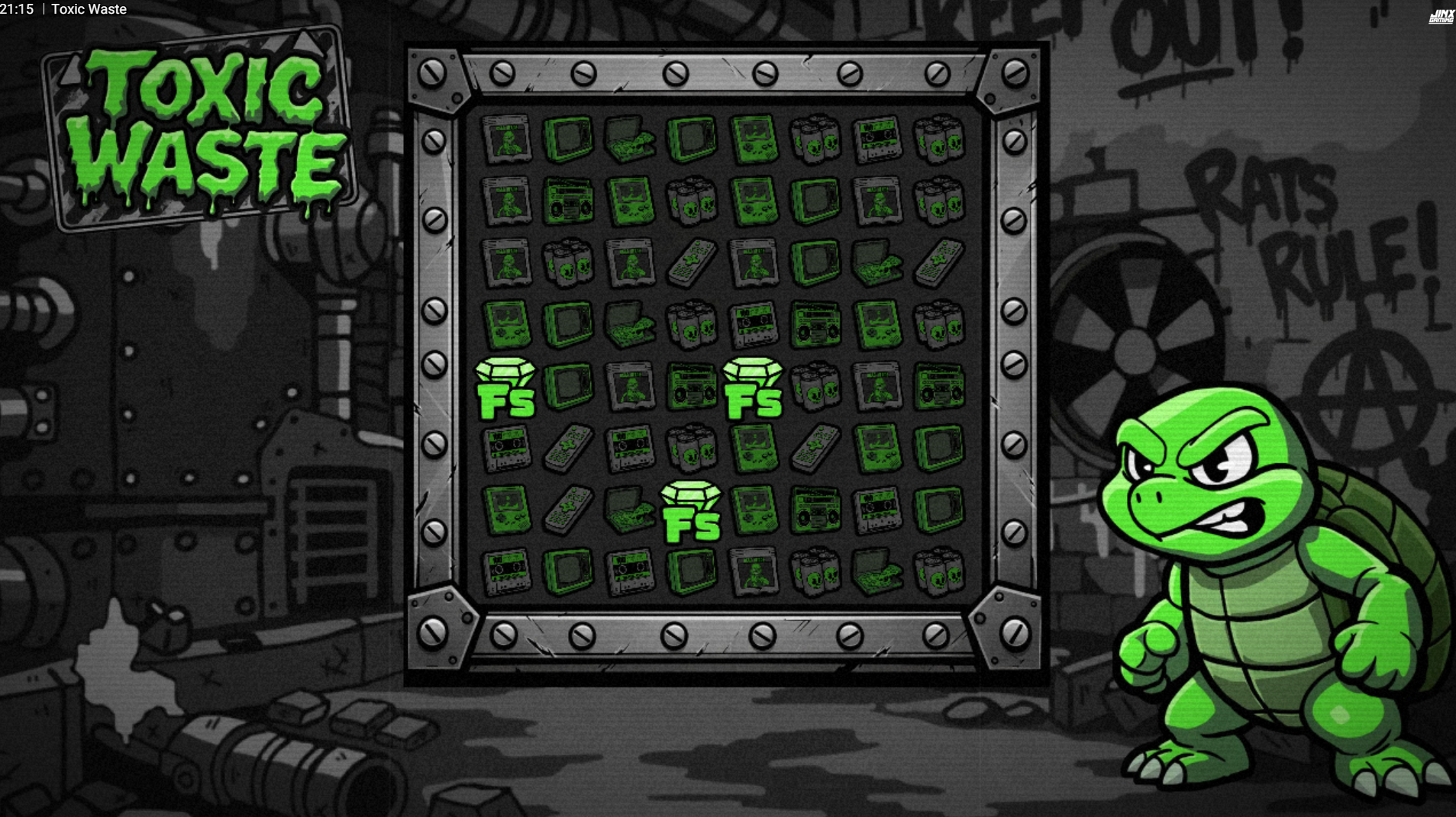 Toxic Waste base game showing free spins scatter symbols landing