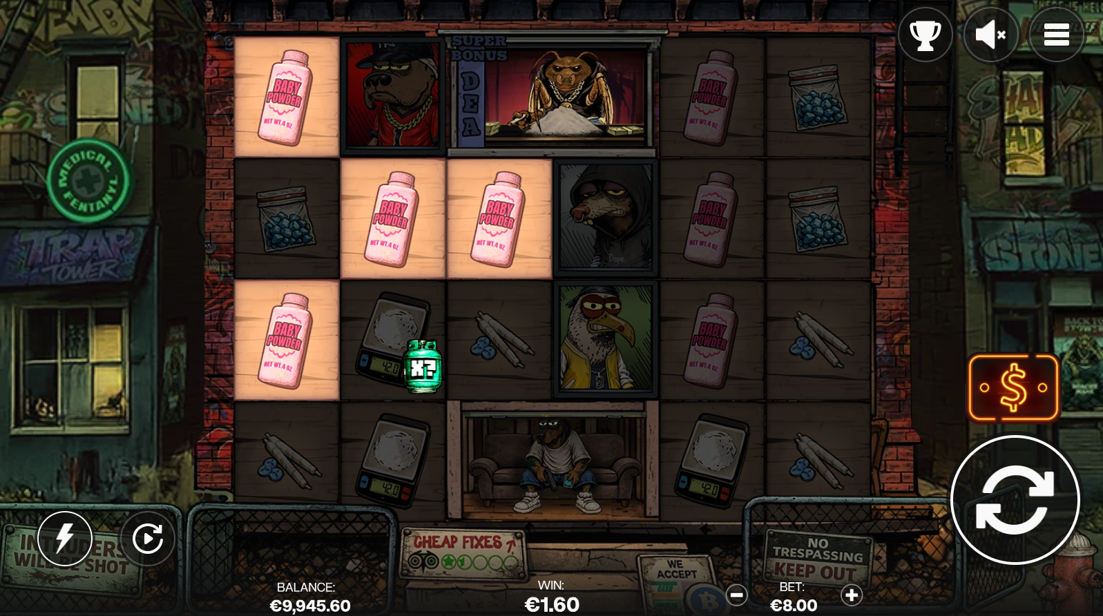 Trap Tower base game - 6-reel grid showing the gang-themed tower defence slot