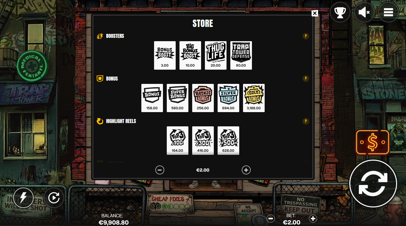 Trap Tower bonus buy selection screen with all feature buy options