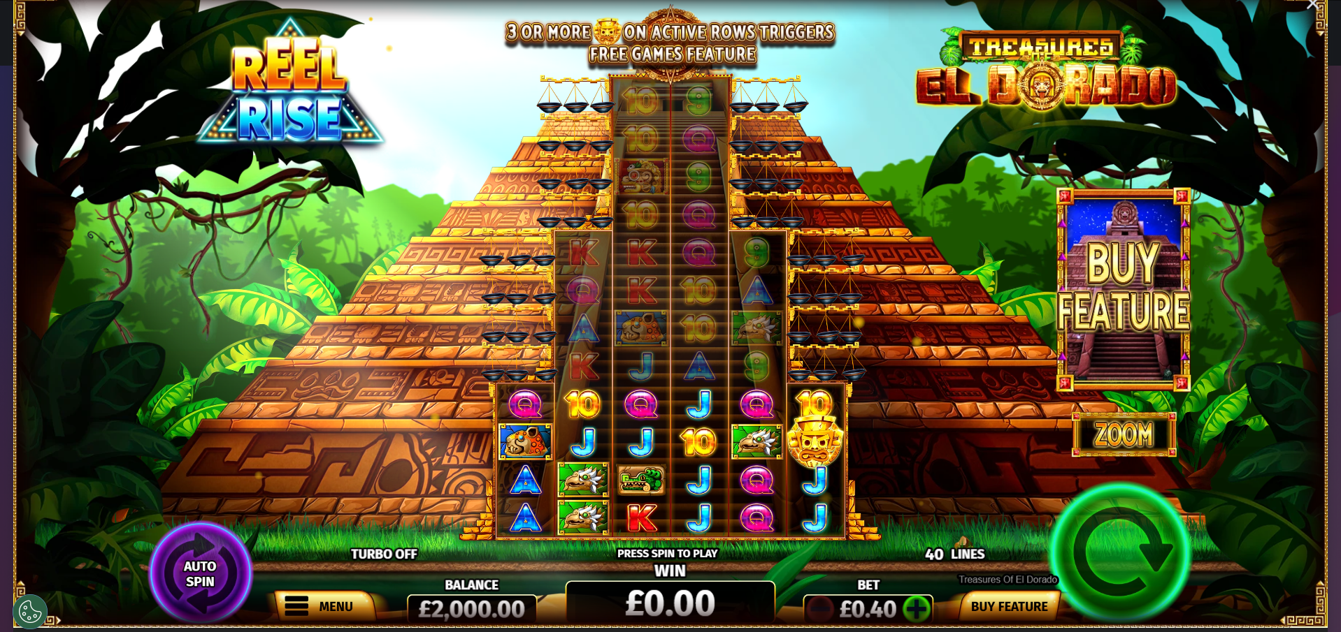 Treasures of El Dorado base game screenshot showing 6x4 reel grid