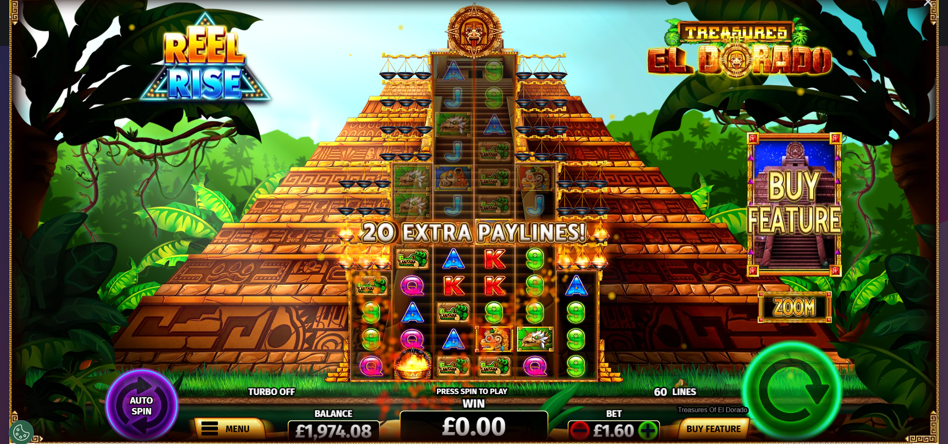 Treasures of El Dorado Reel Rise feature showing expanded reels and extra paylines